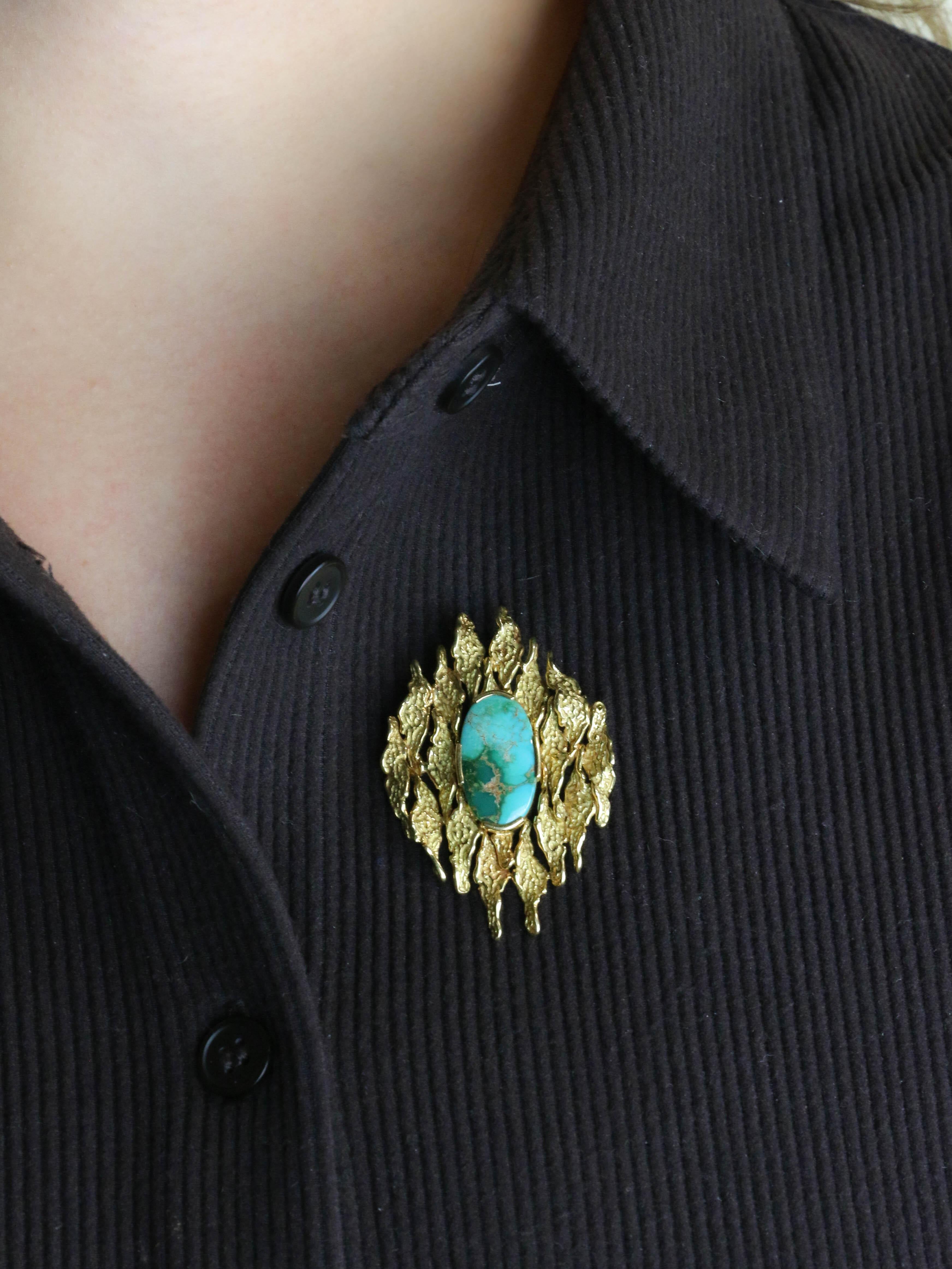Broche Pendentif or jaune turquoise matrix