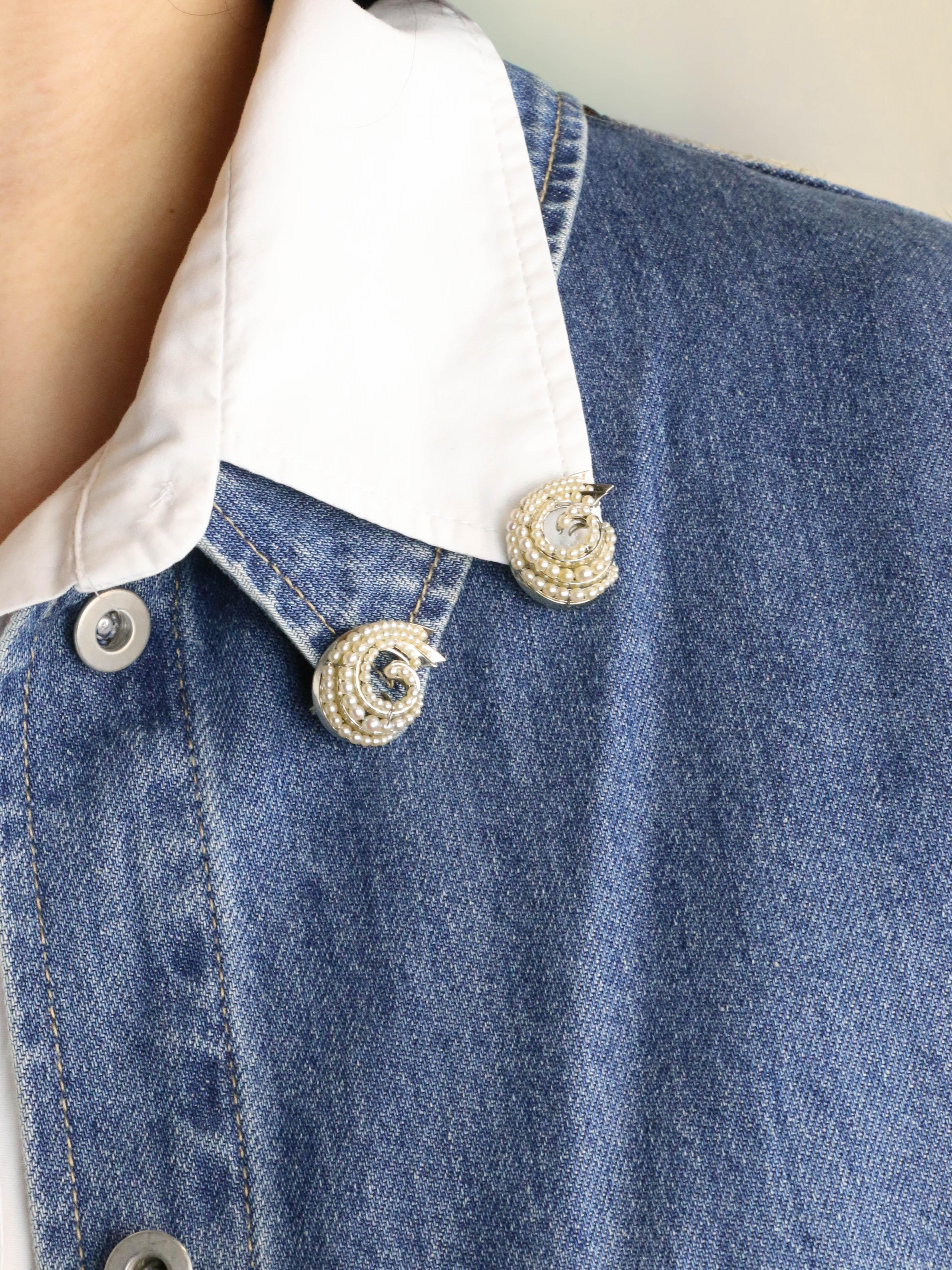 Double clips coquillage or blanc perles fines