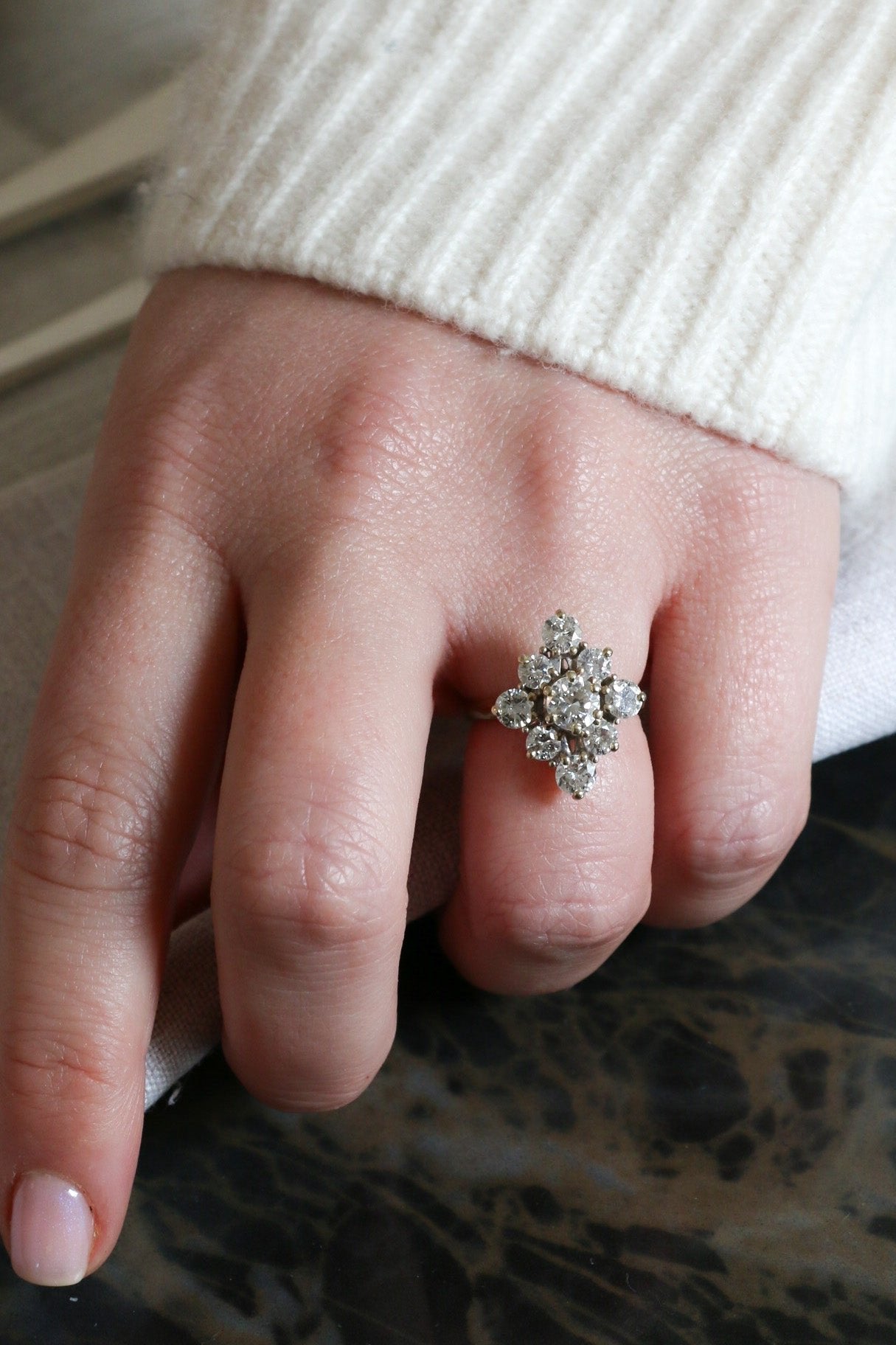 Bague marquise vintage or blanc diamants 