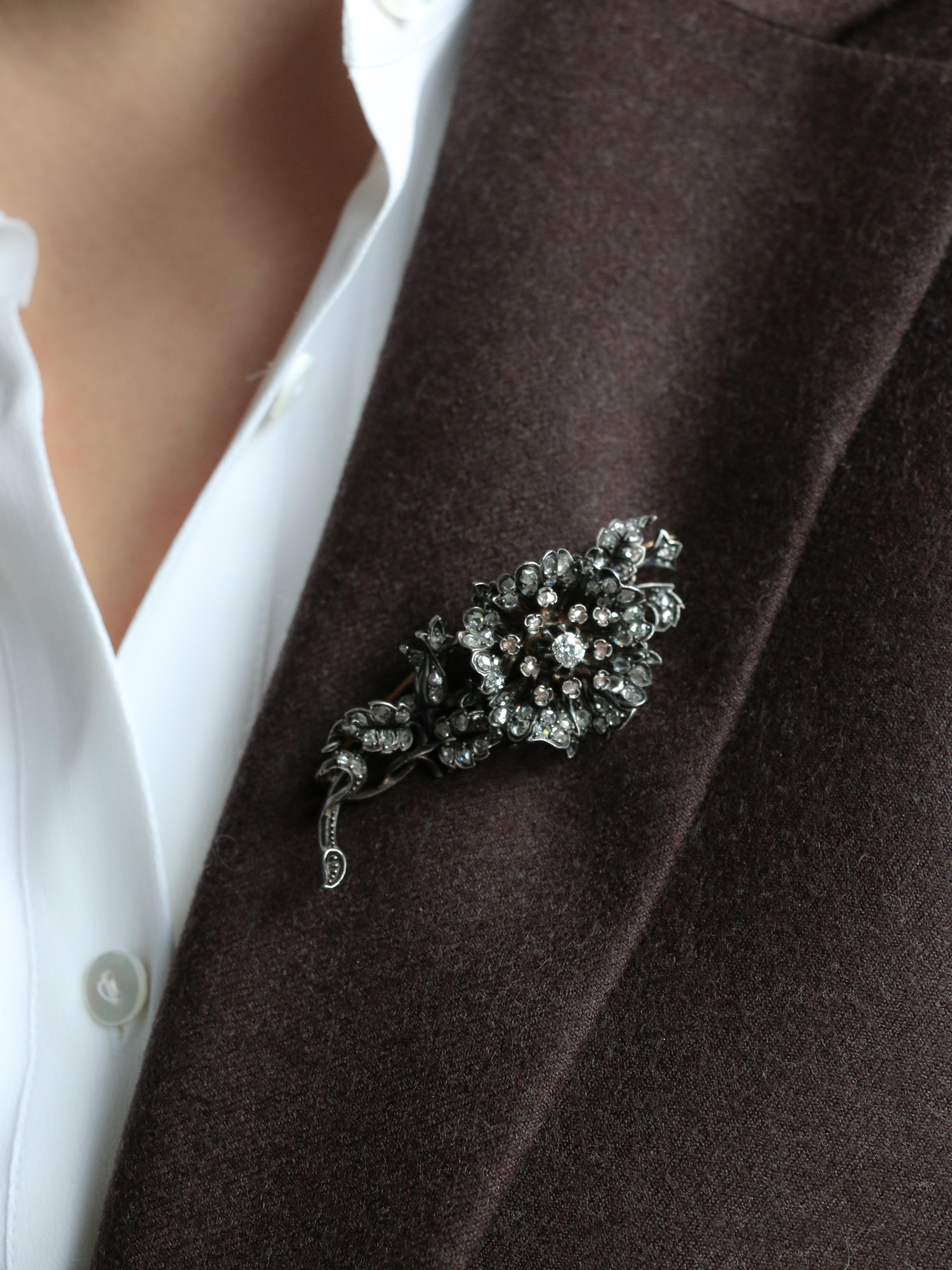 Broche trembleuse or argent diamants taille ancienne