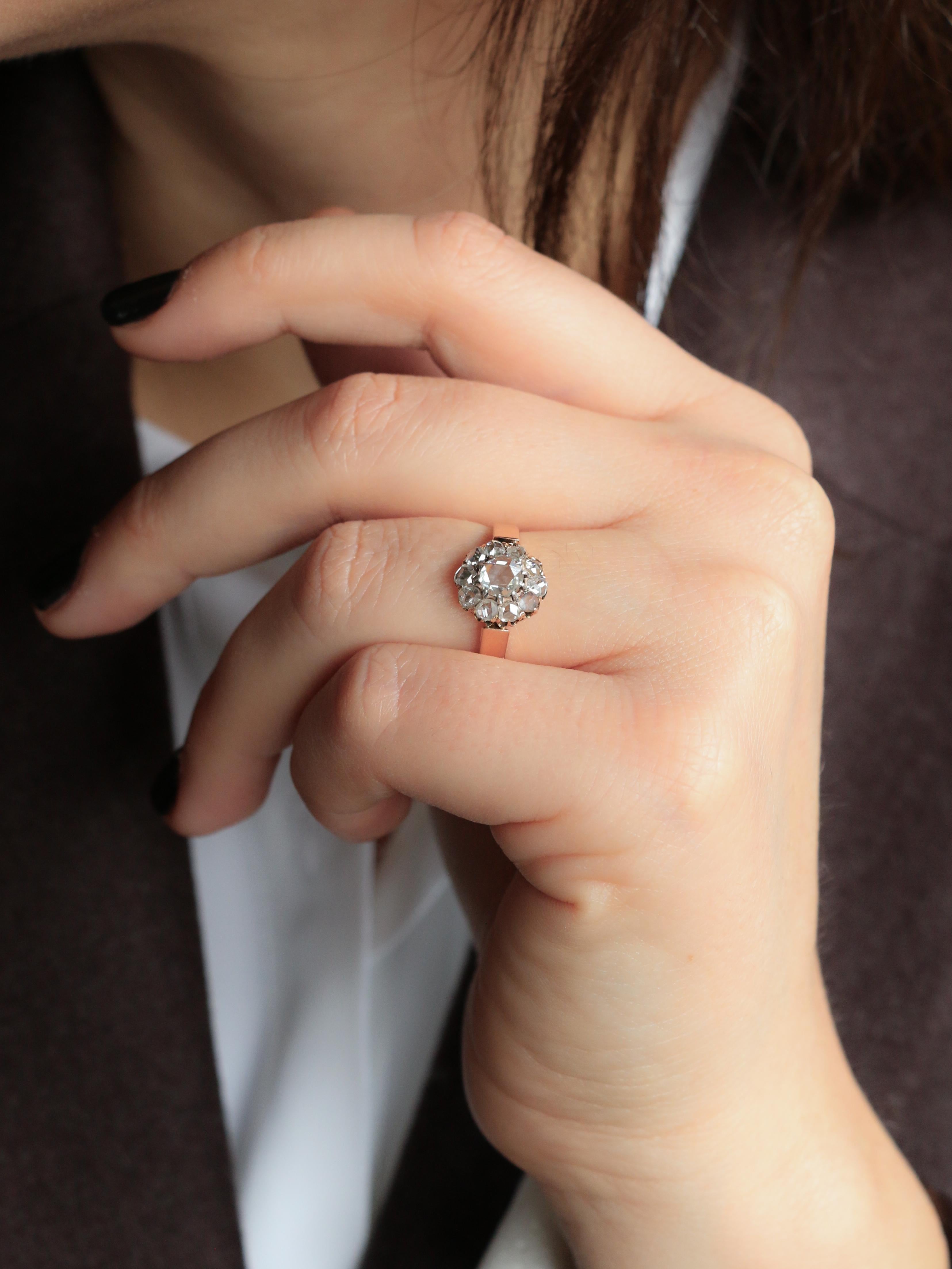 Bague marguerite or rose diamants taille rose 0.7 carat