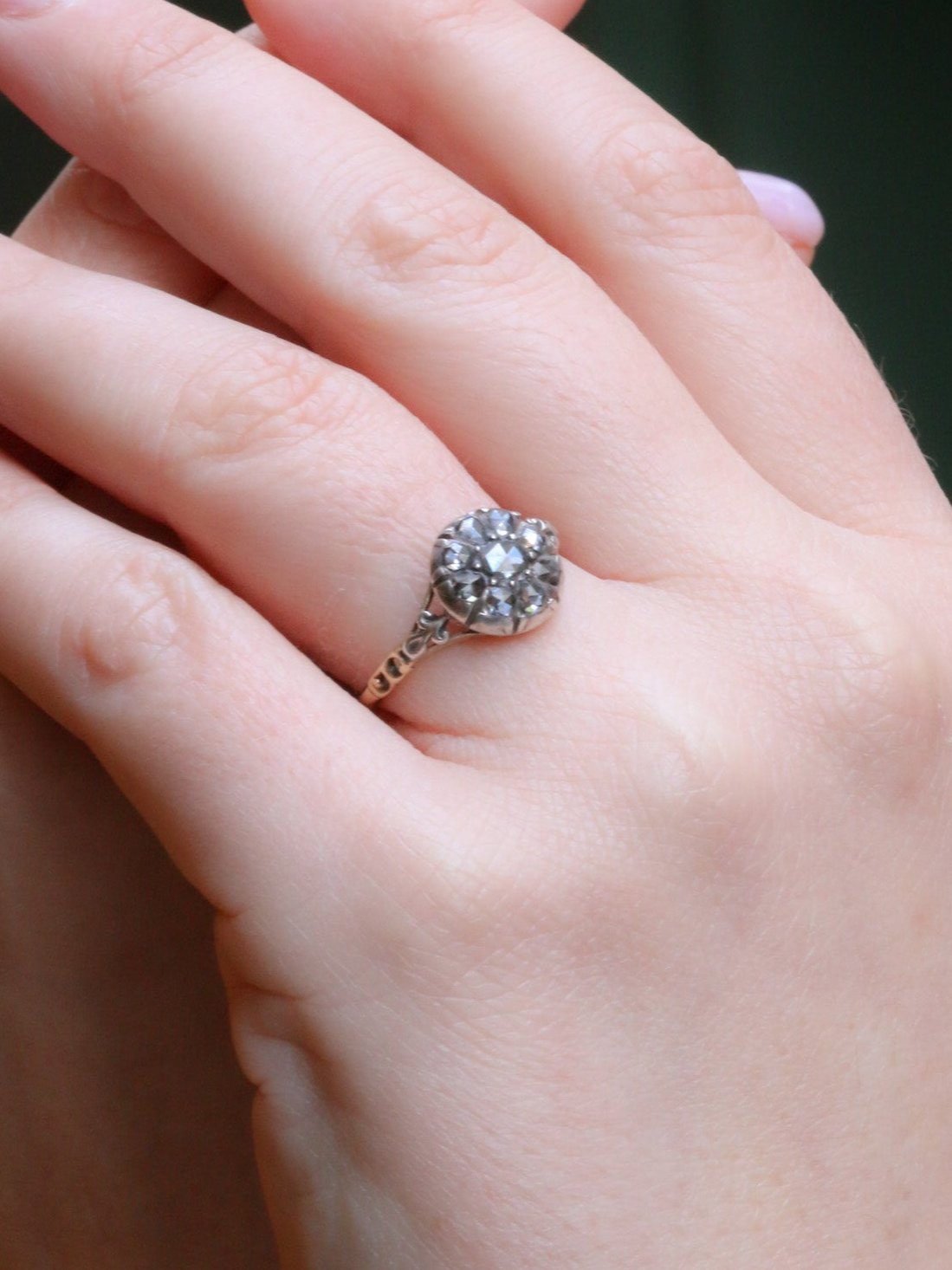 Bague ancienne fleur or argent diamant taille rose