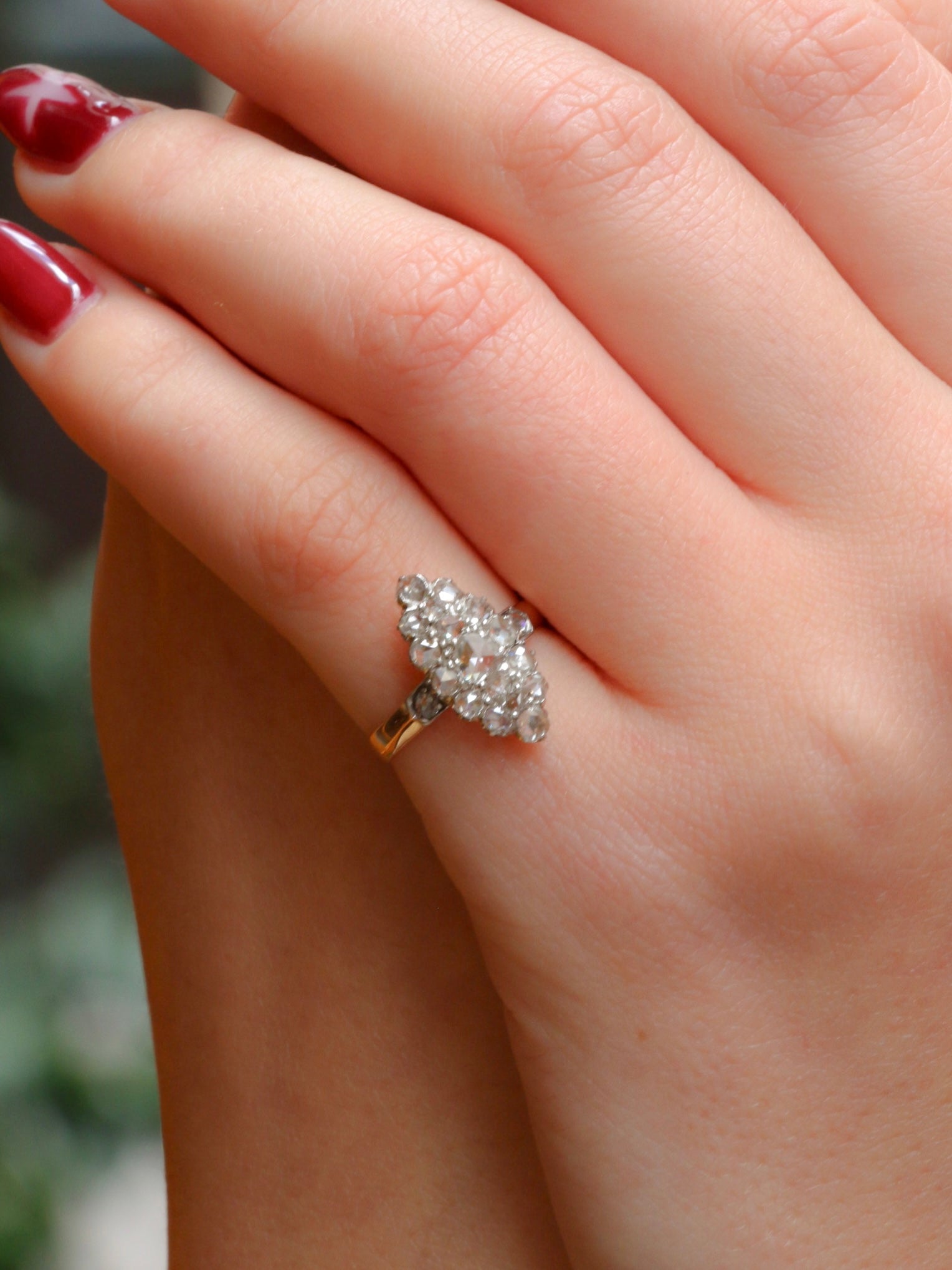 Bague marquise ancienne or platine diamants taille rose