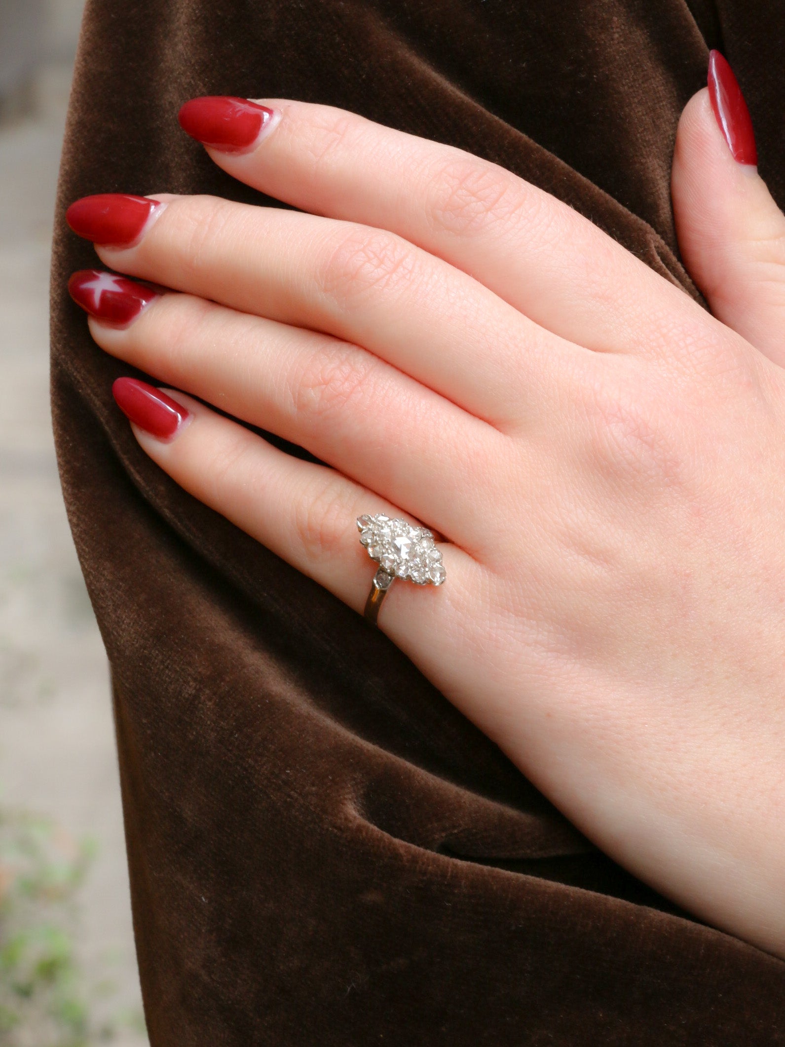 Bague marquise ancienne or platine diamants taille rose