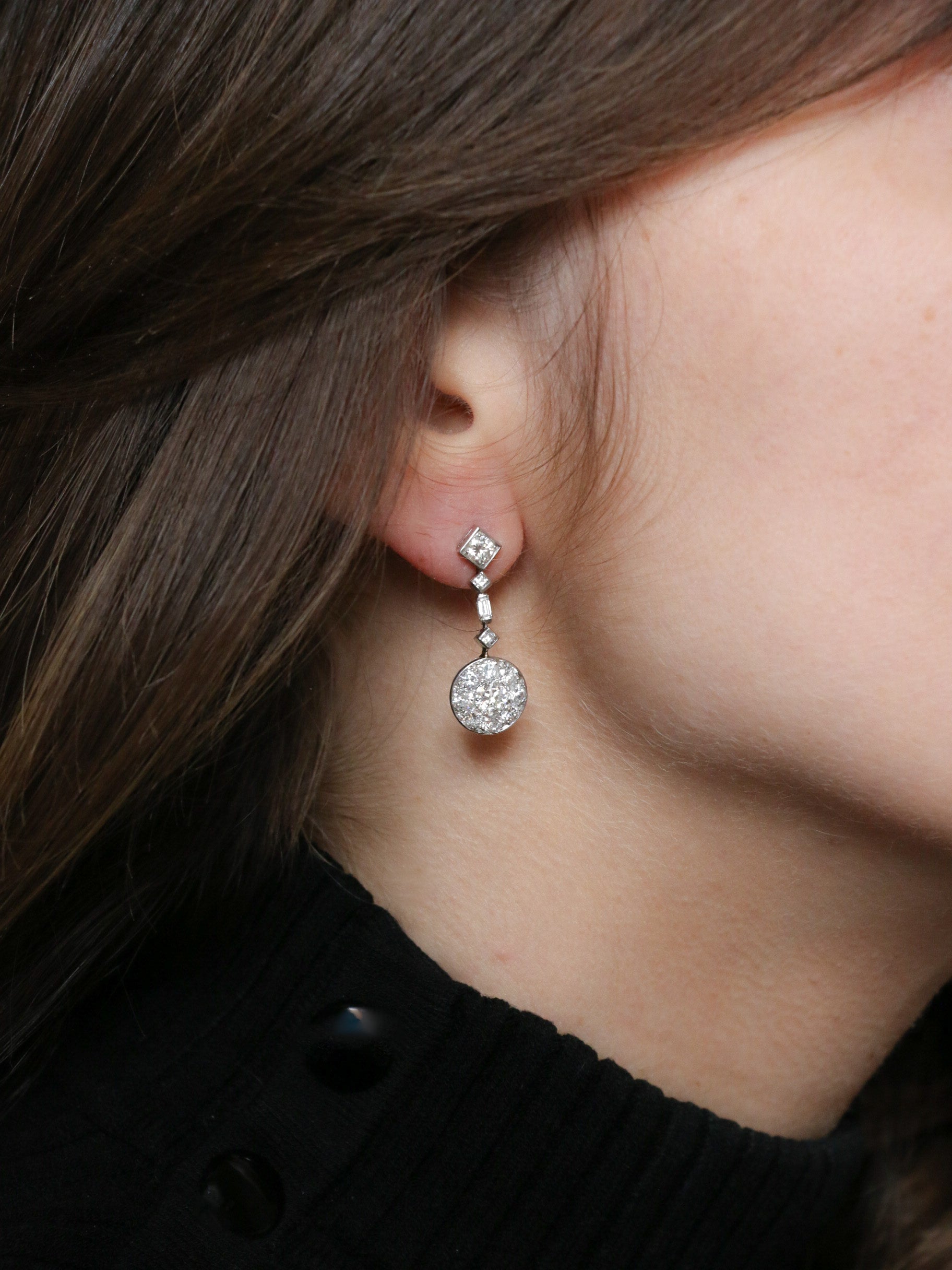 Boucles d'oreilles anciennes platine or blanc diamants taille ancienne