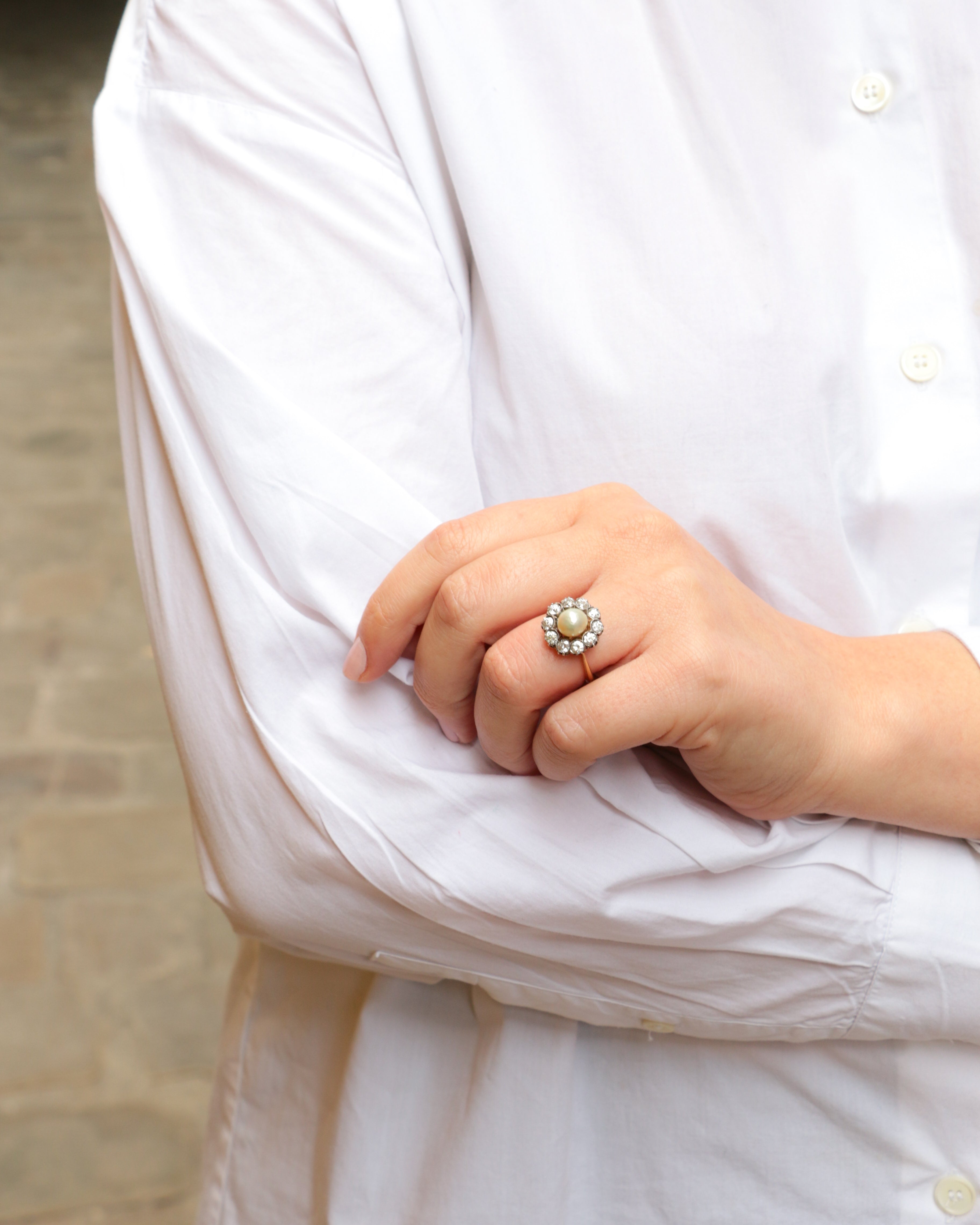 Bague marguerite or jaune argent diamants perle fine