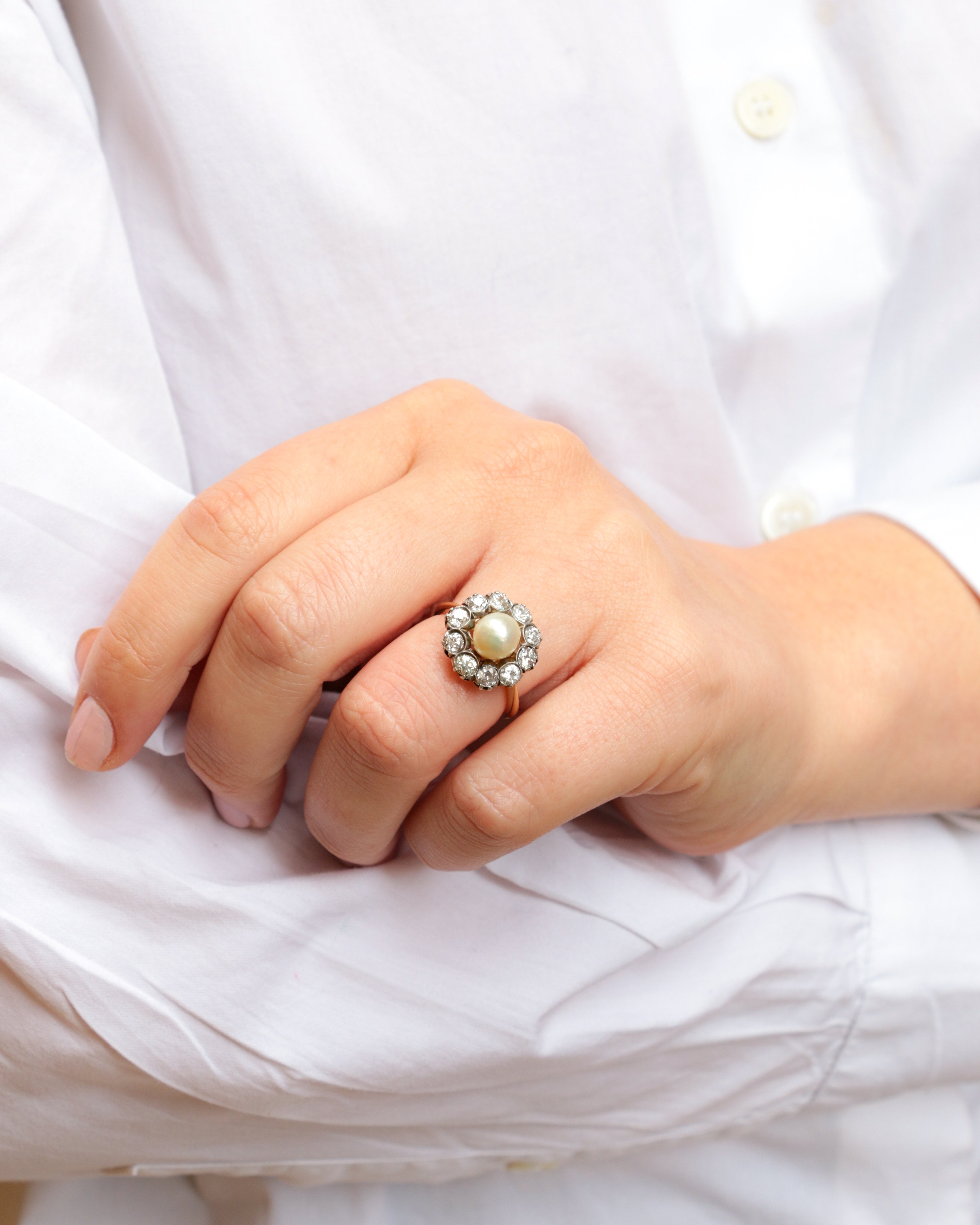 Bague marguerite or jaune argent diamants perle fine