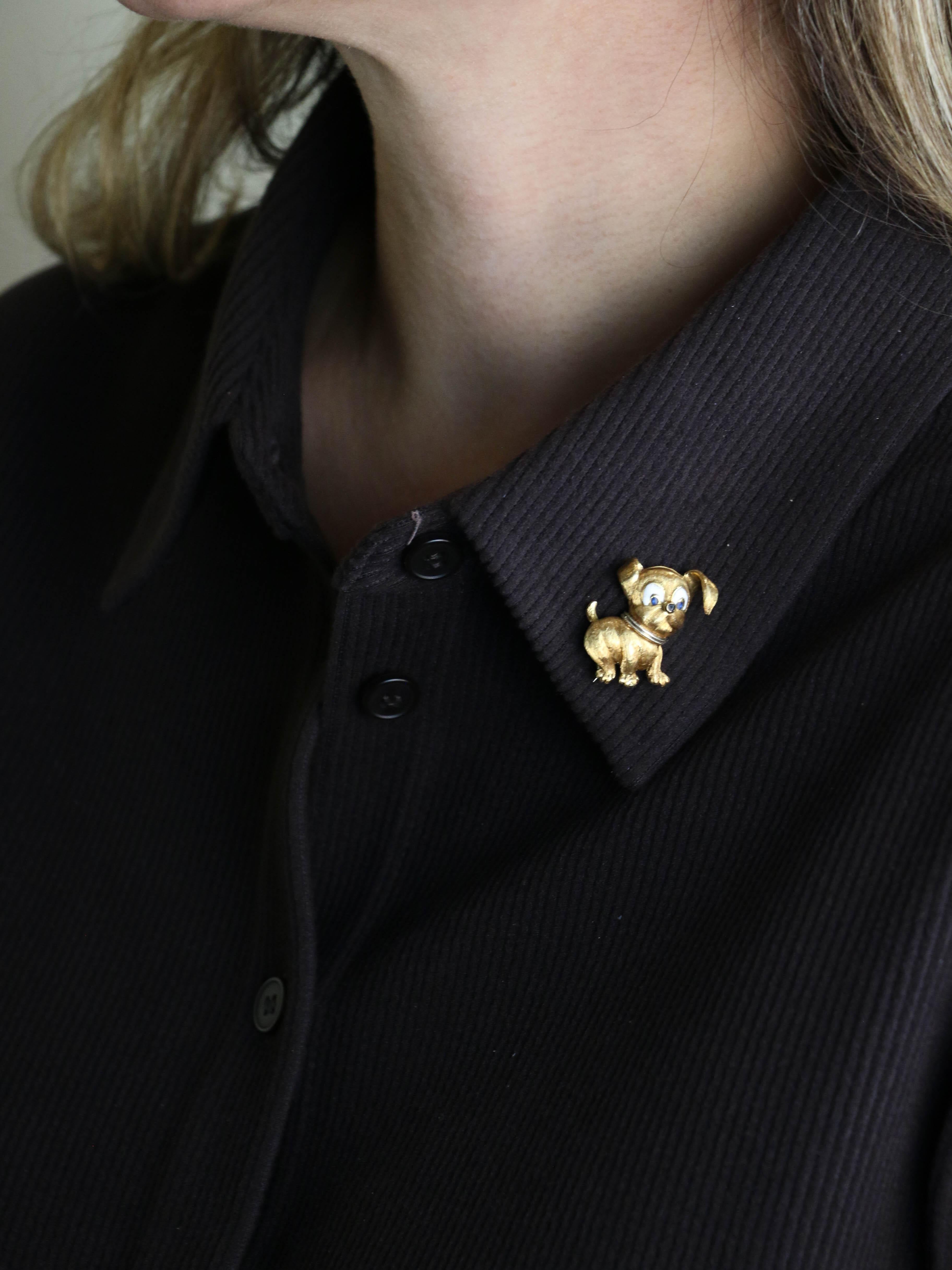 Broche vintage chien or jaune email