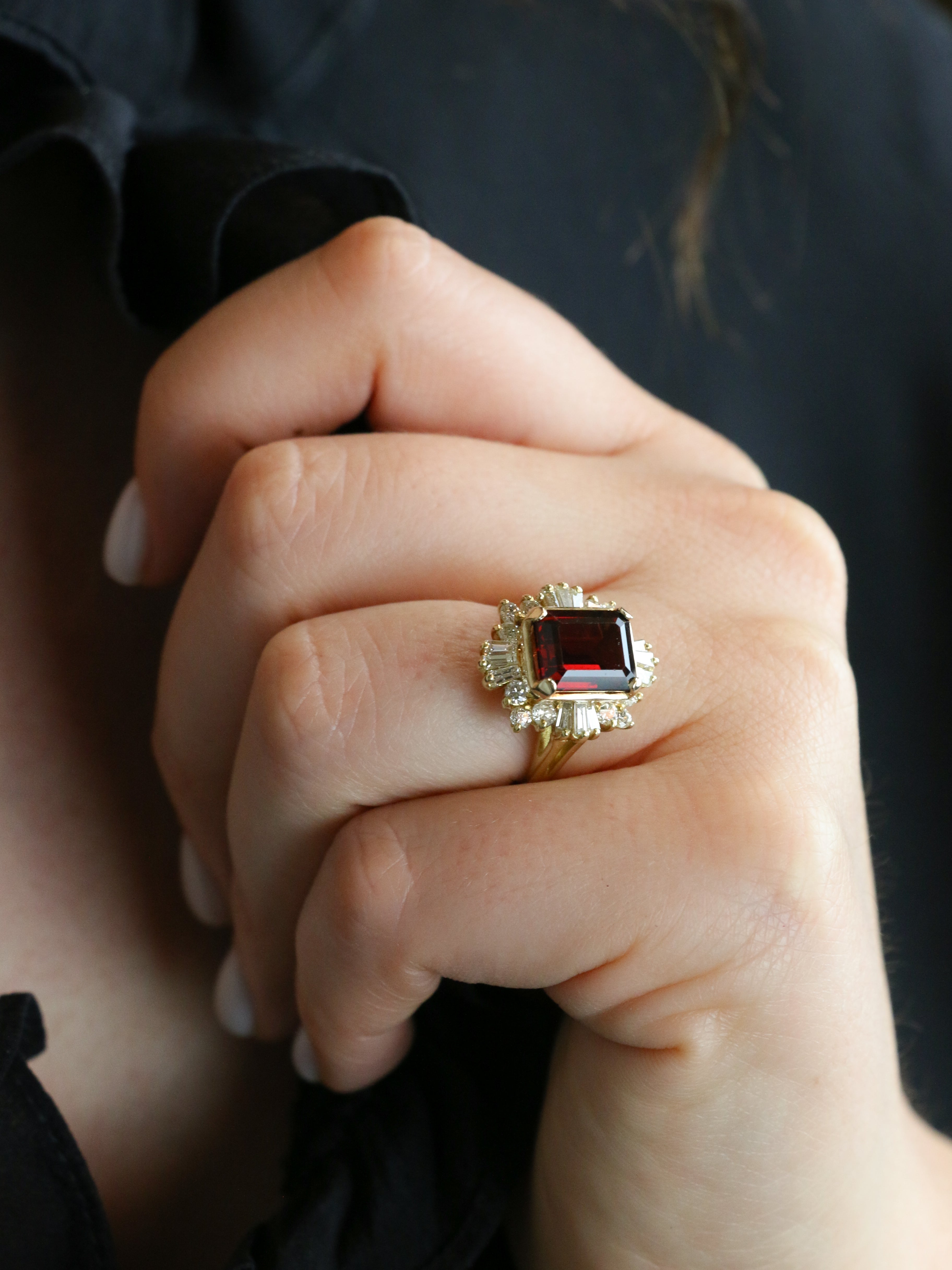 Vintage garnet and baguette diamond ballerina ring