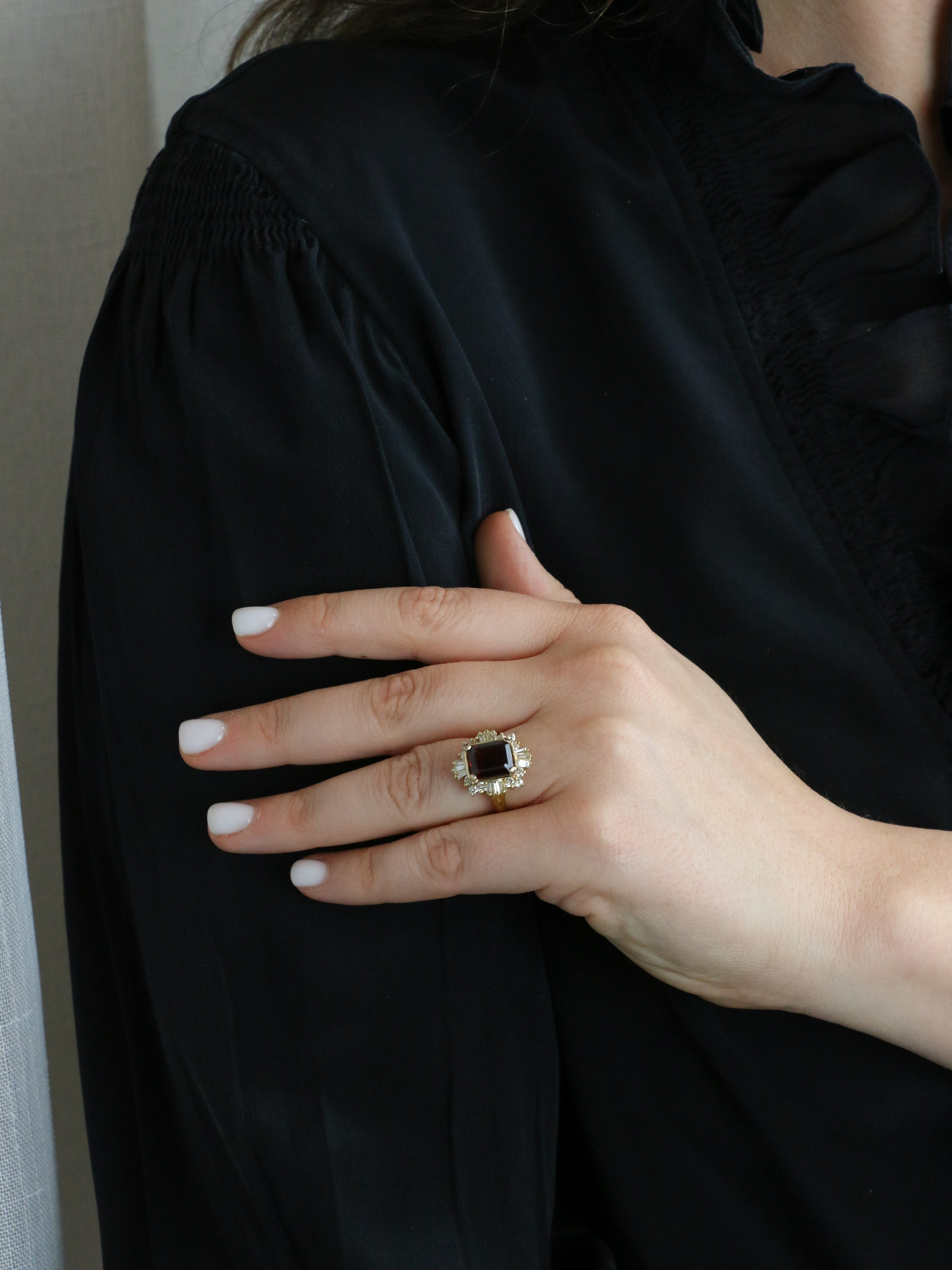 Vintage garnet and baguette diamond ballerina ring