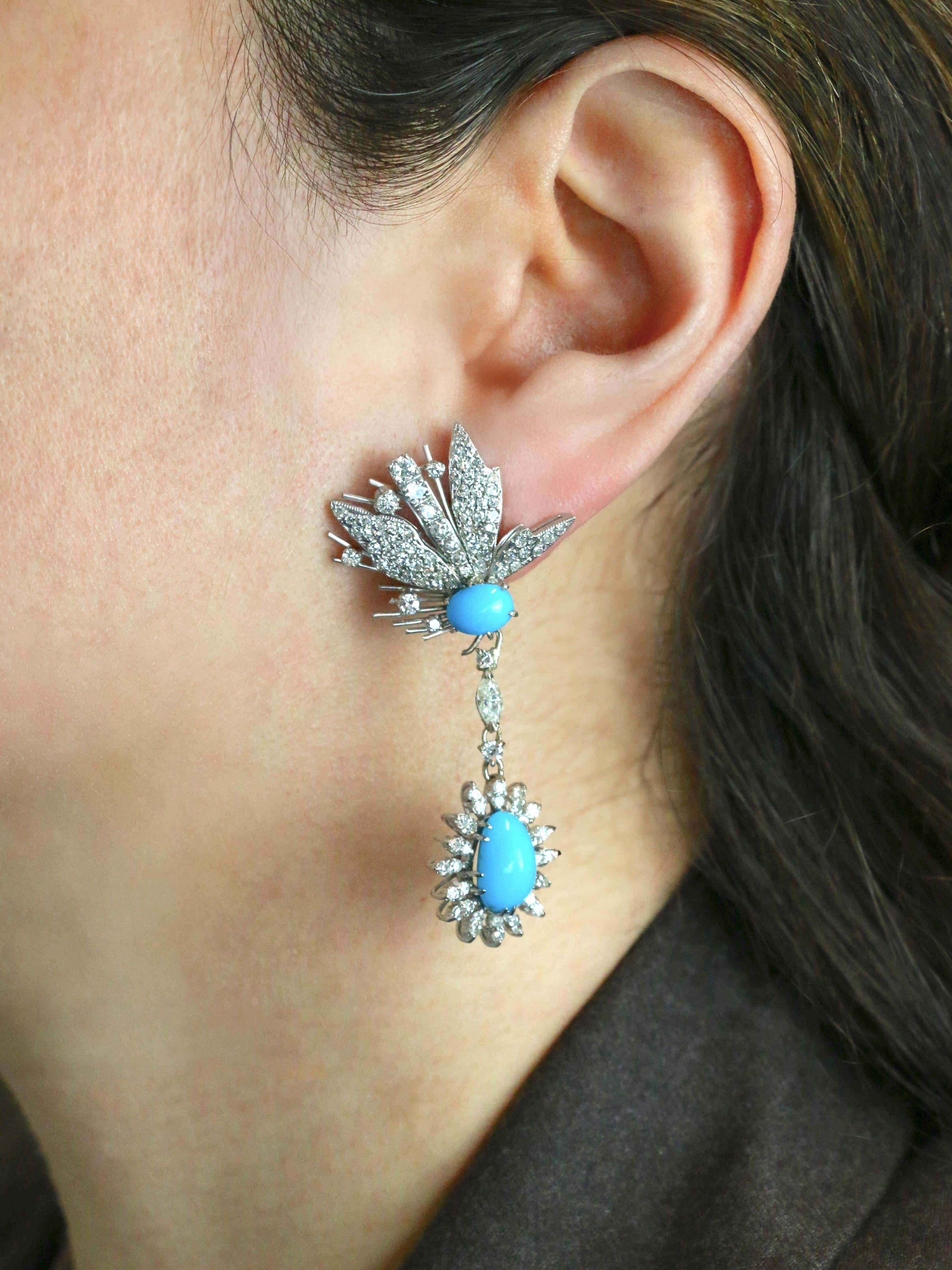 Boucles d'oreilles pendantes turquoises diamants