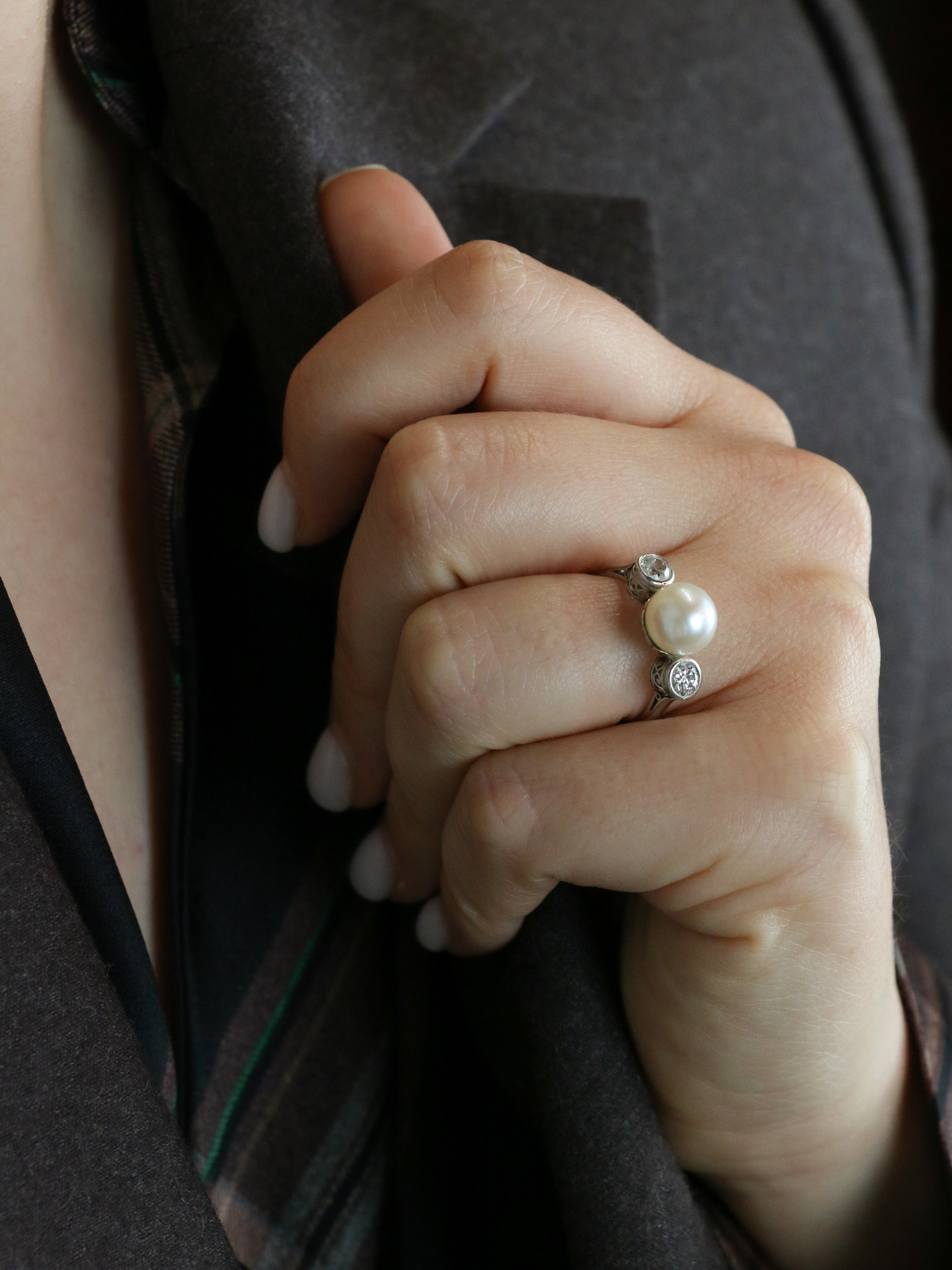 Platinum, Pearl and Diamond Trilogy Ring - Old Ring