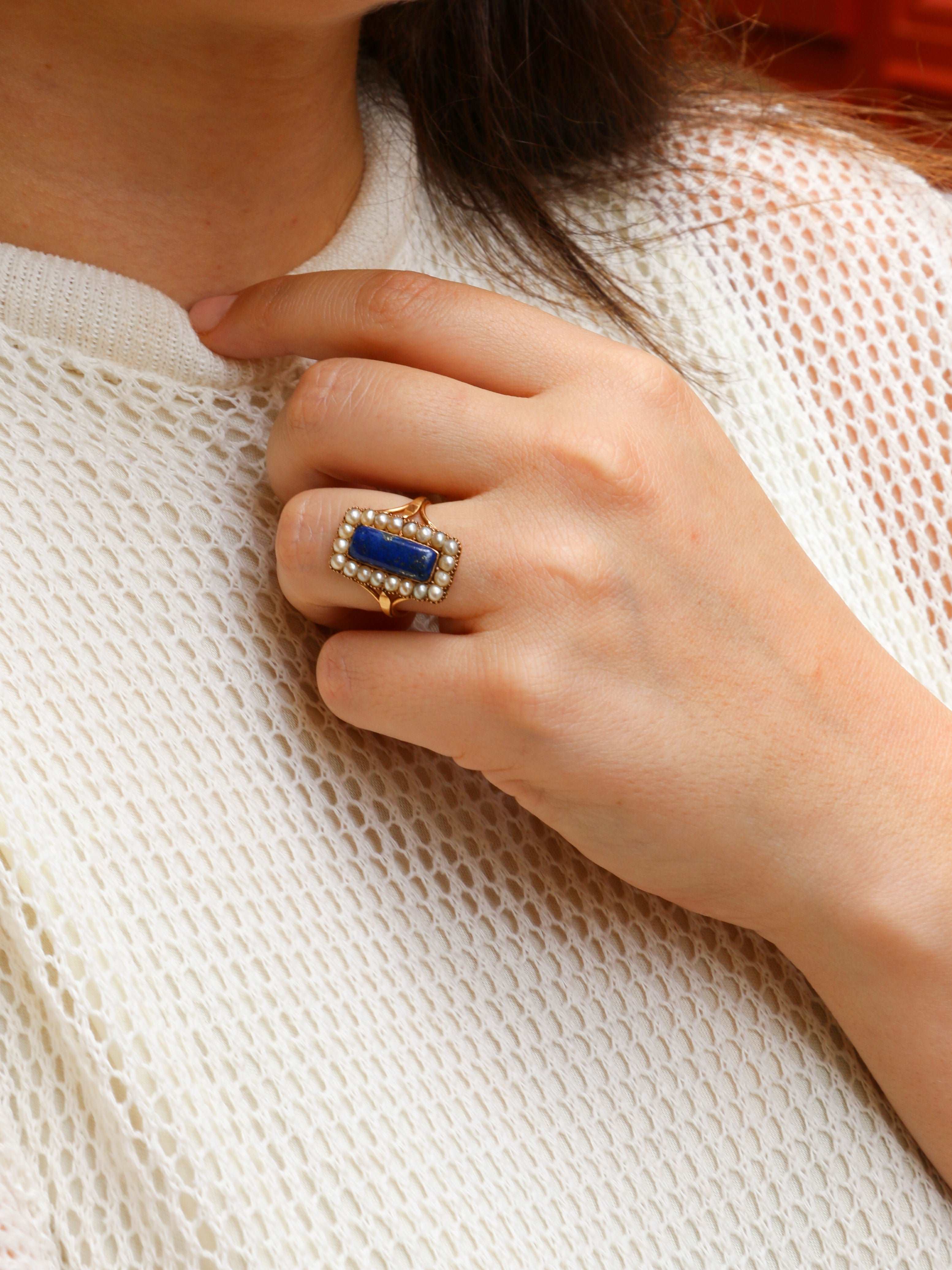 Bague ancienne or lapis-lazuli perles fines