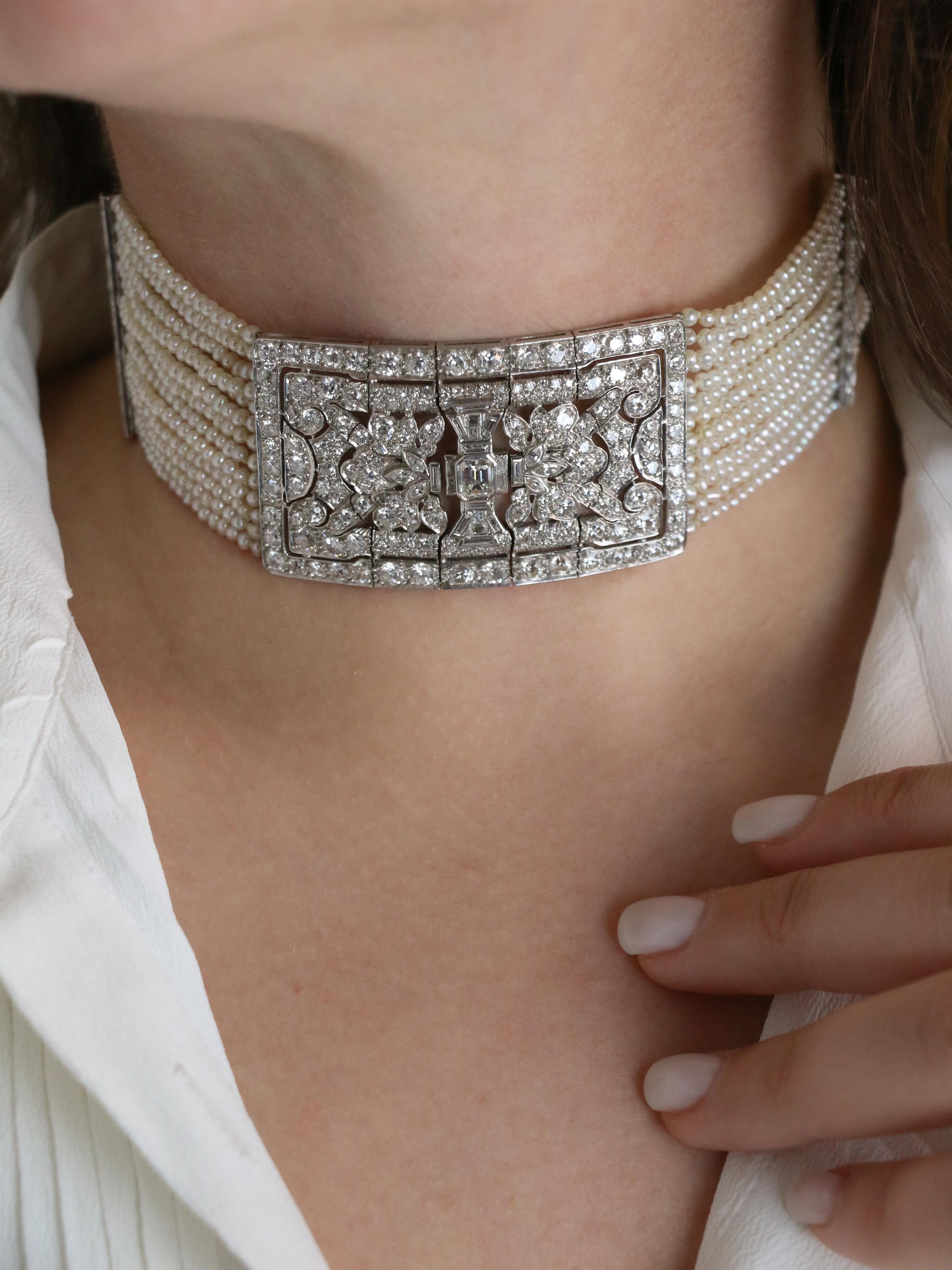 Collier Art Déco diamants perles fines platine