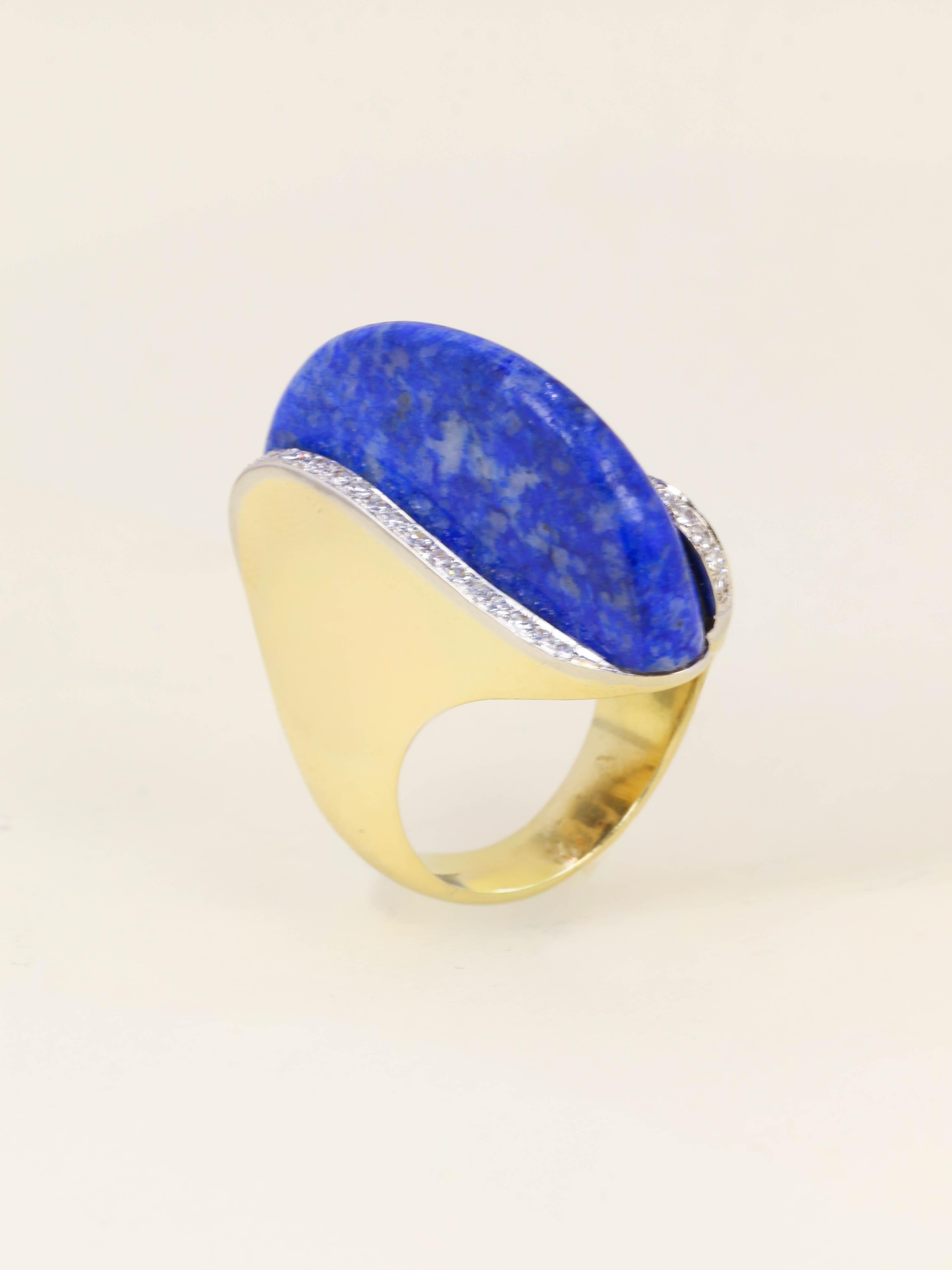 Bague cocktail or jaune lapis lazuli diamants