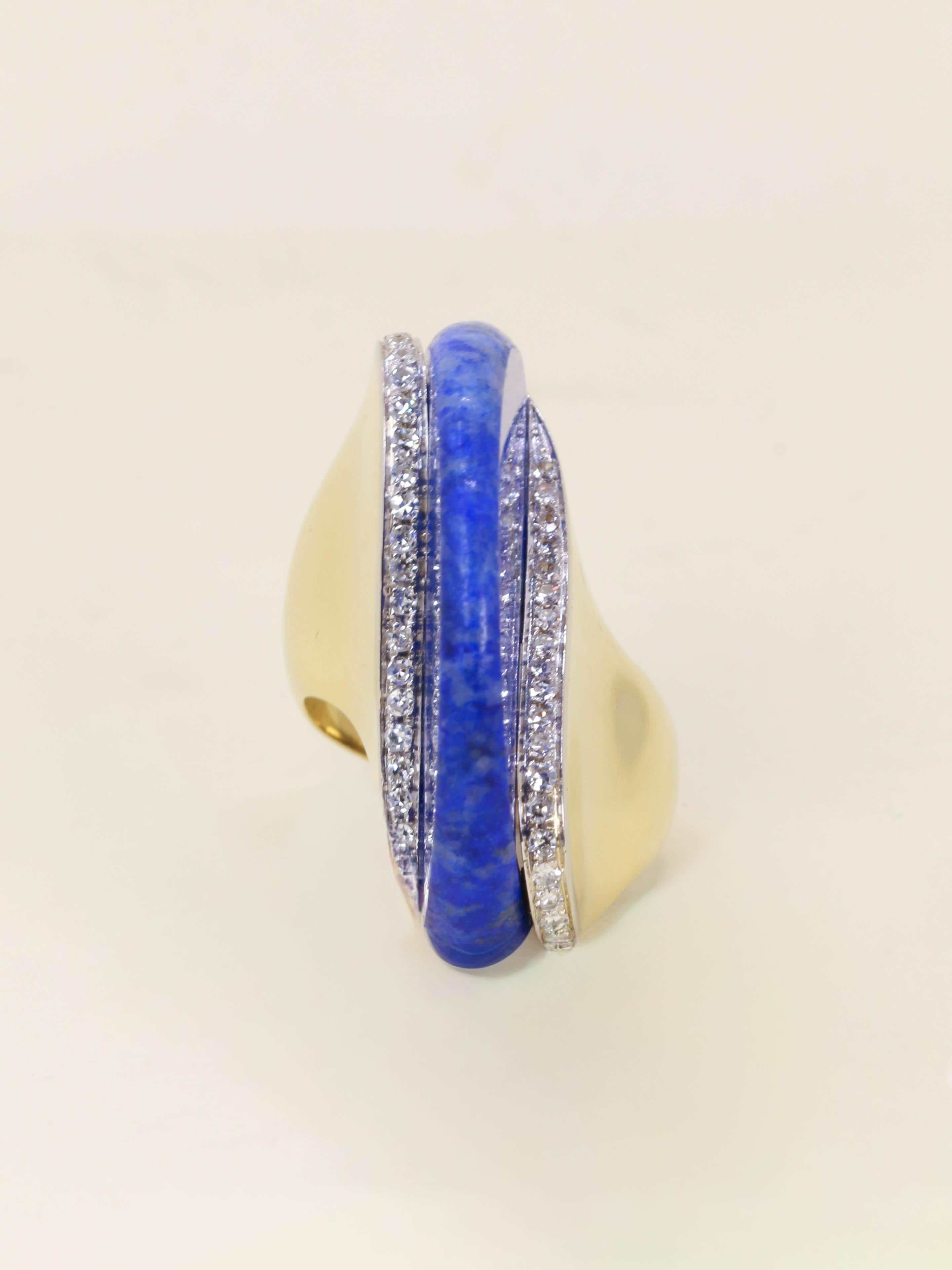 Bague cocktail or jaune lapis lazuli diamants