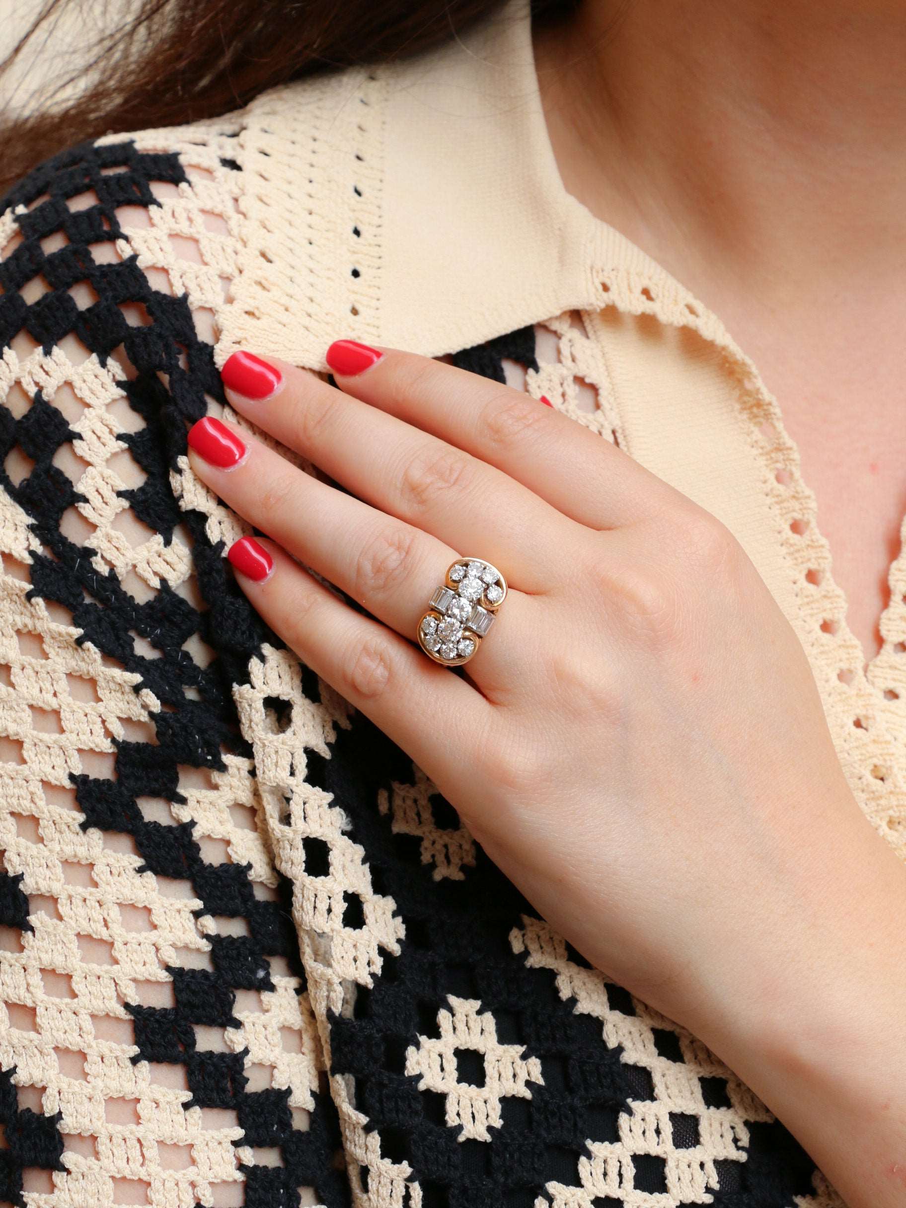 Bague chevalière or diamants taille brillant & baguettes