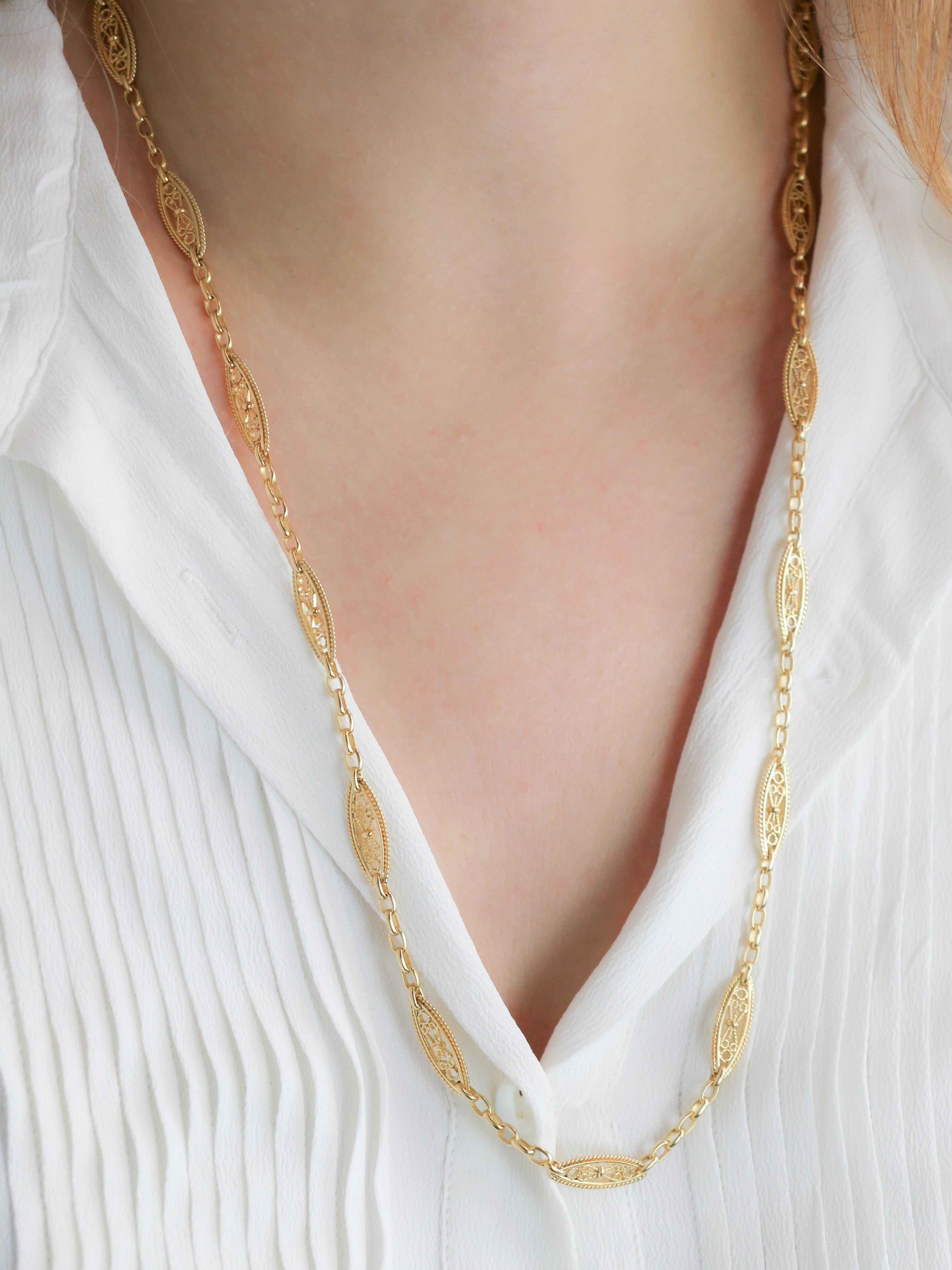 Collier chaine Art Nouveau maille filigrane or jaune