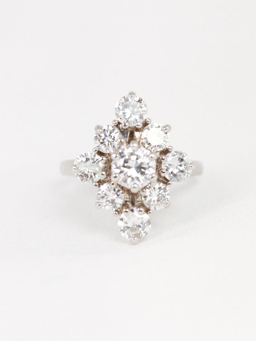 Bague marquise vintage or blanc diamants 