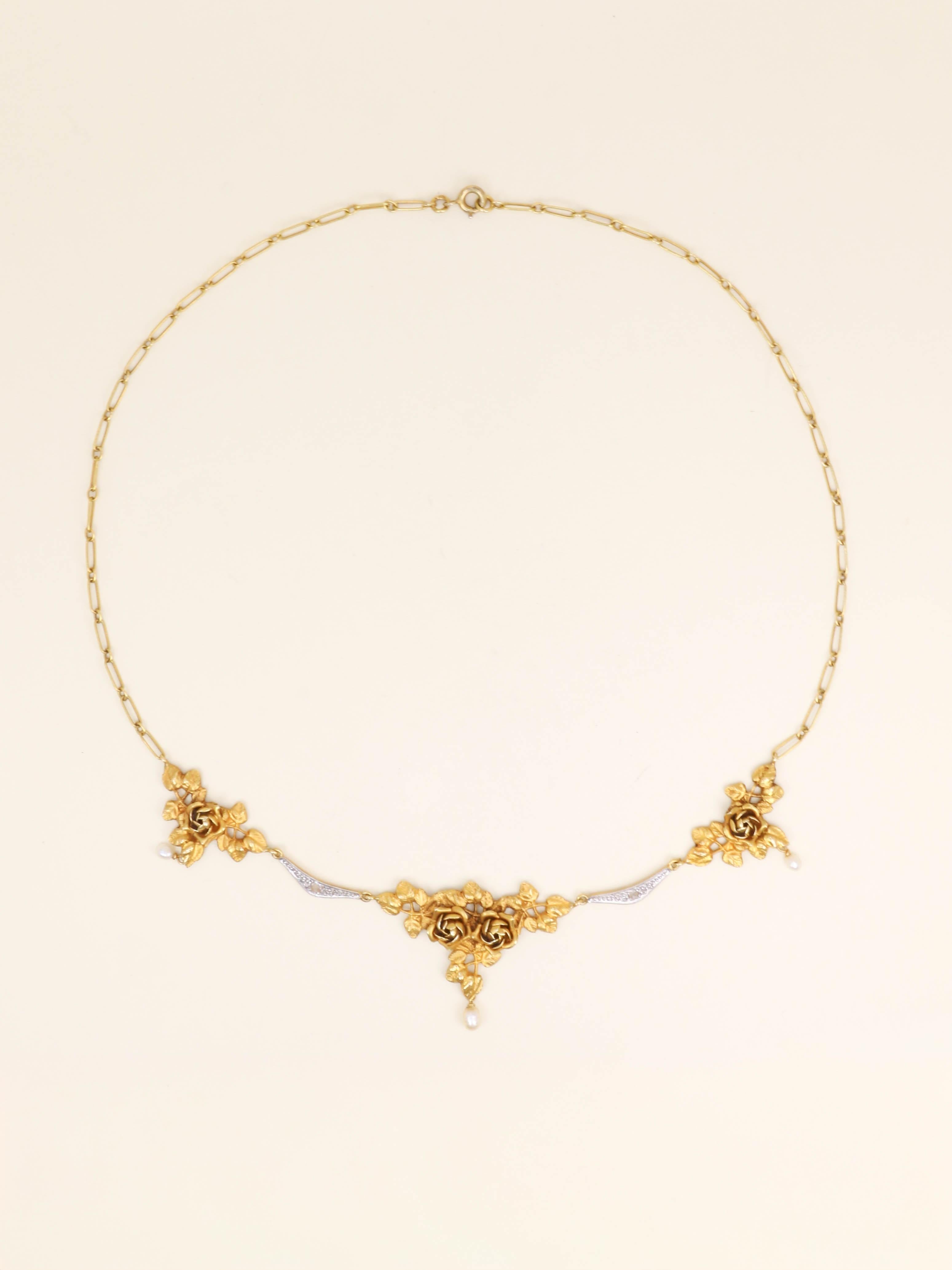 Collier draperie Art Nouveau or jaune perles diamants