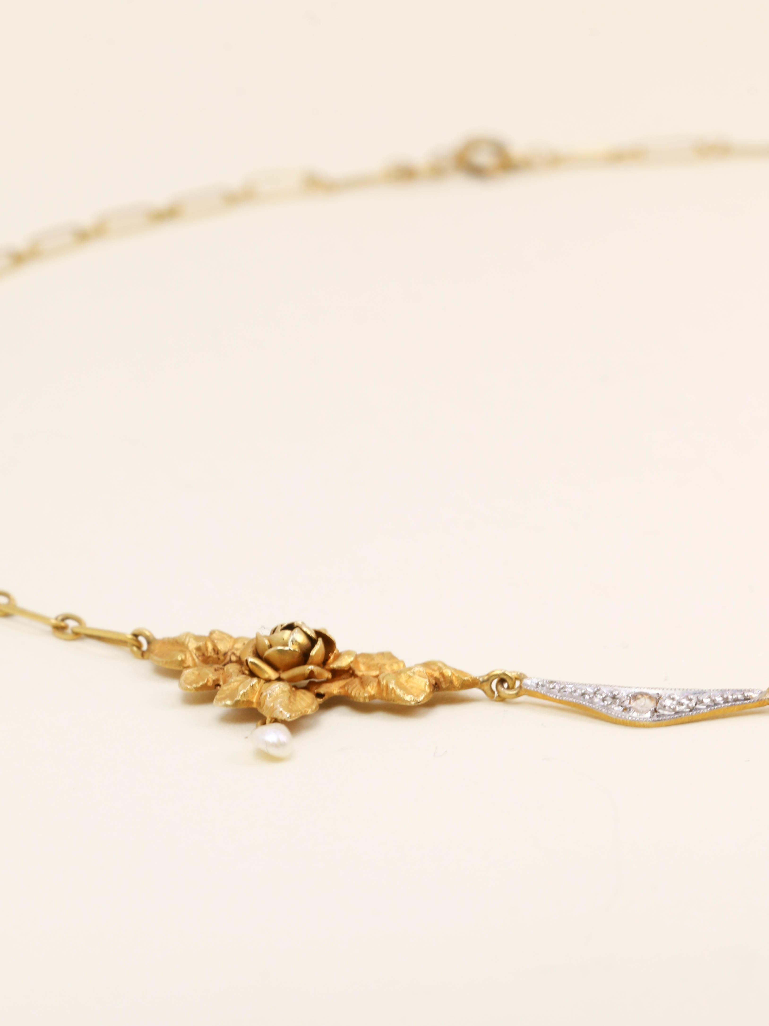 Collier draperie Art Nouveau or jaune perles diamants