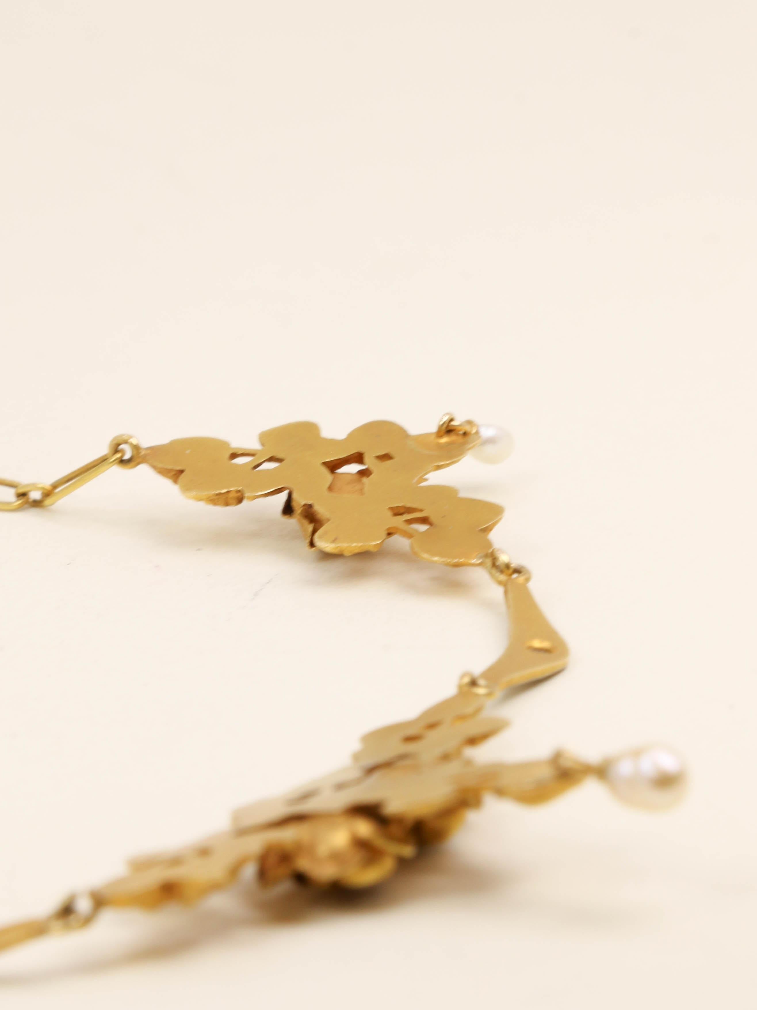 Collier draperie Art Nouveau or jaune perles diamants