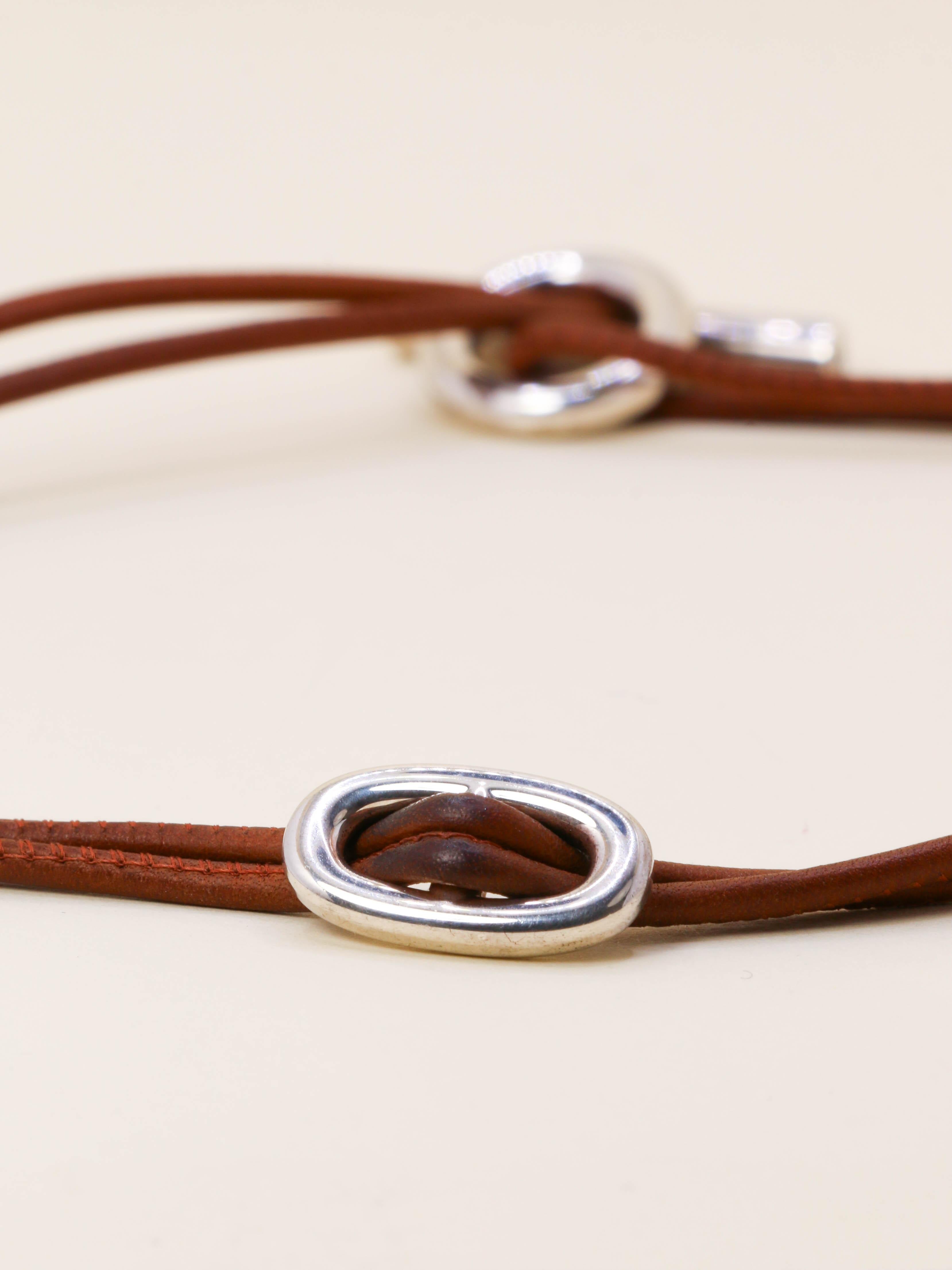 HERMES Collier GLENAN argent cuir marron