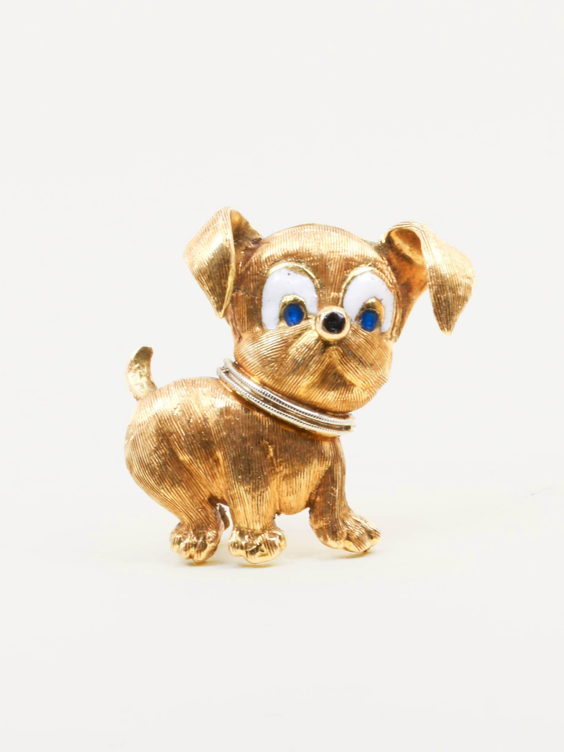 Broche vintage chien or jaune email