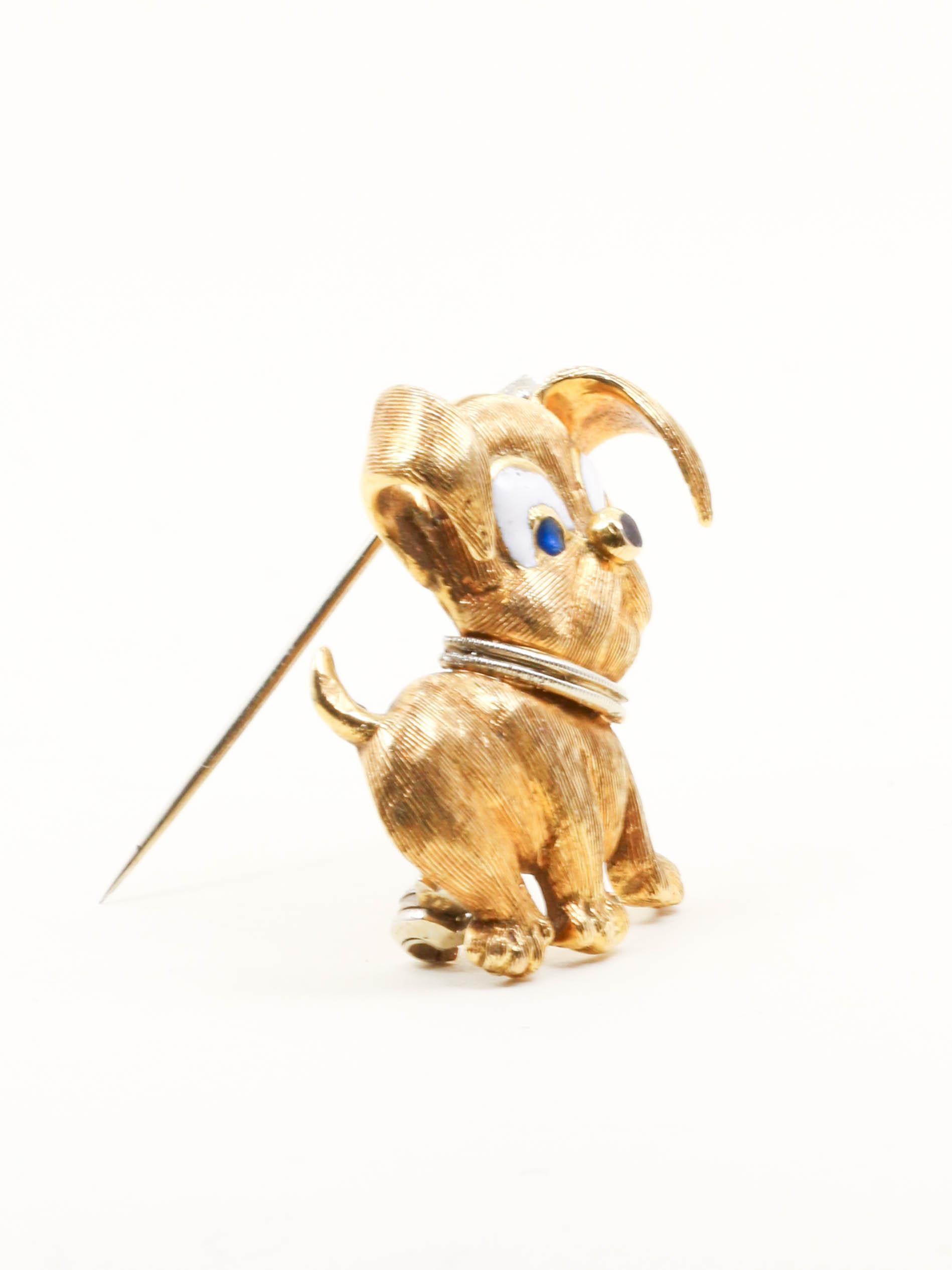 Broche vintage chien or jaune email