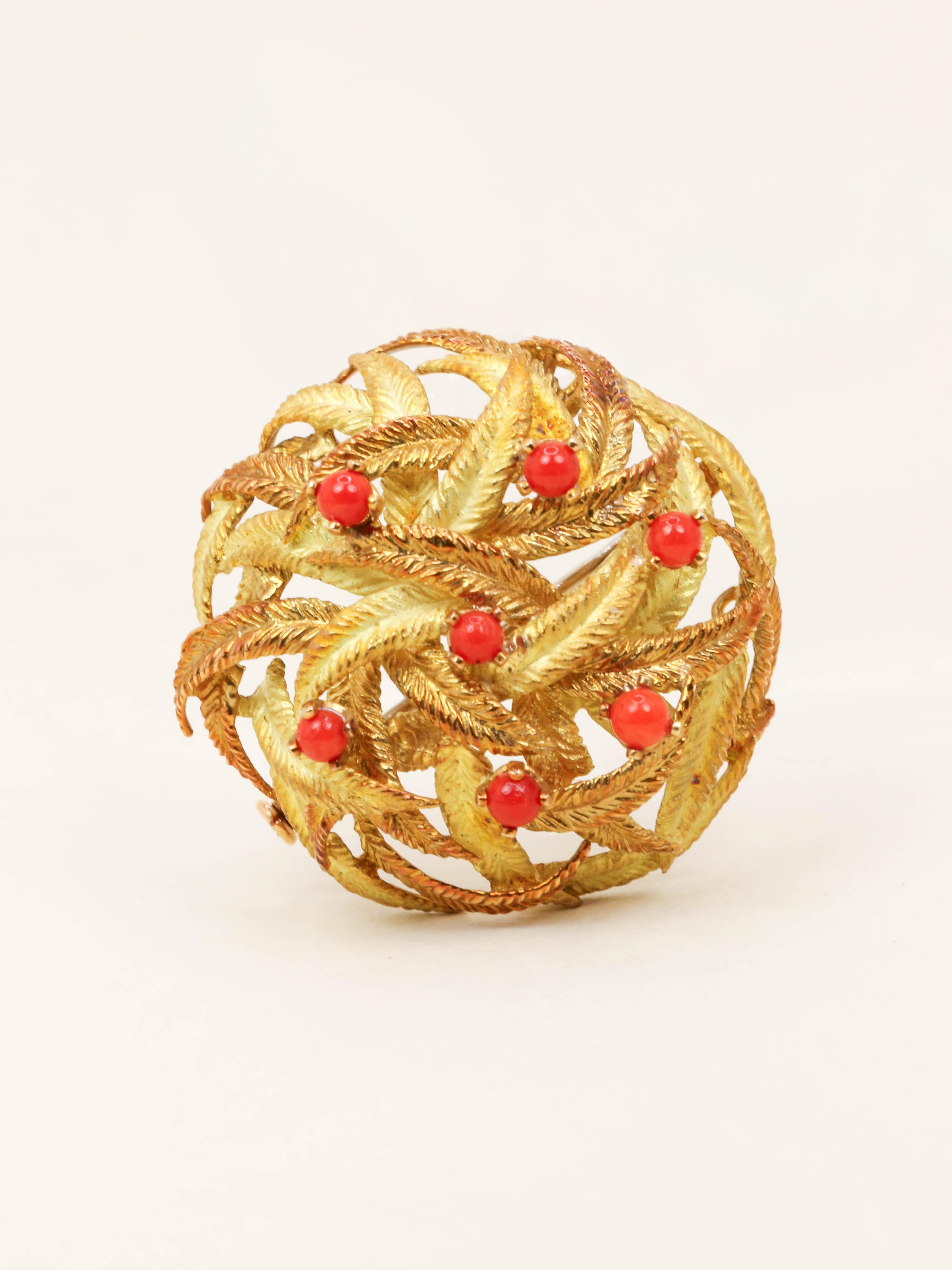 Broche feuillle or jaune corail