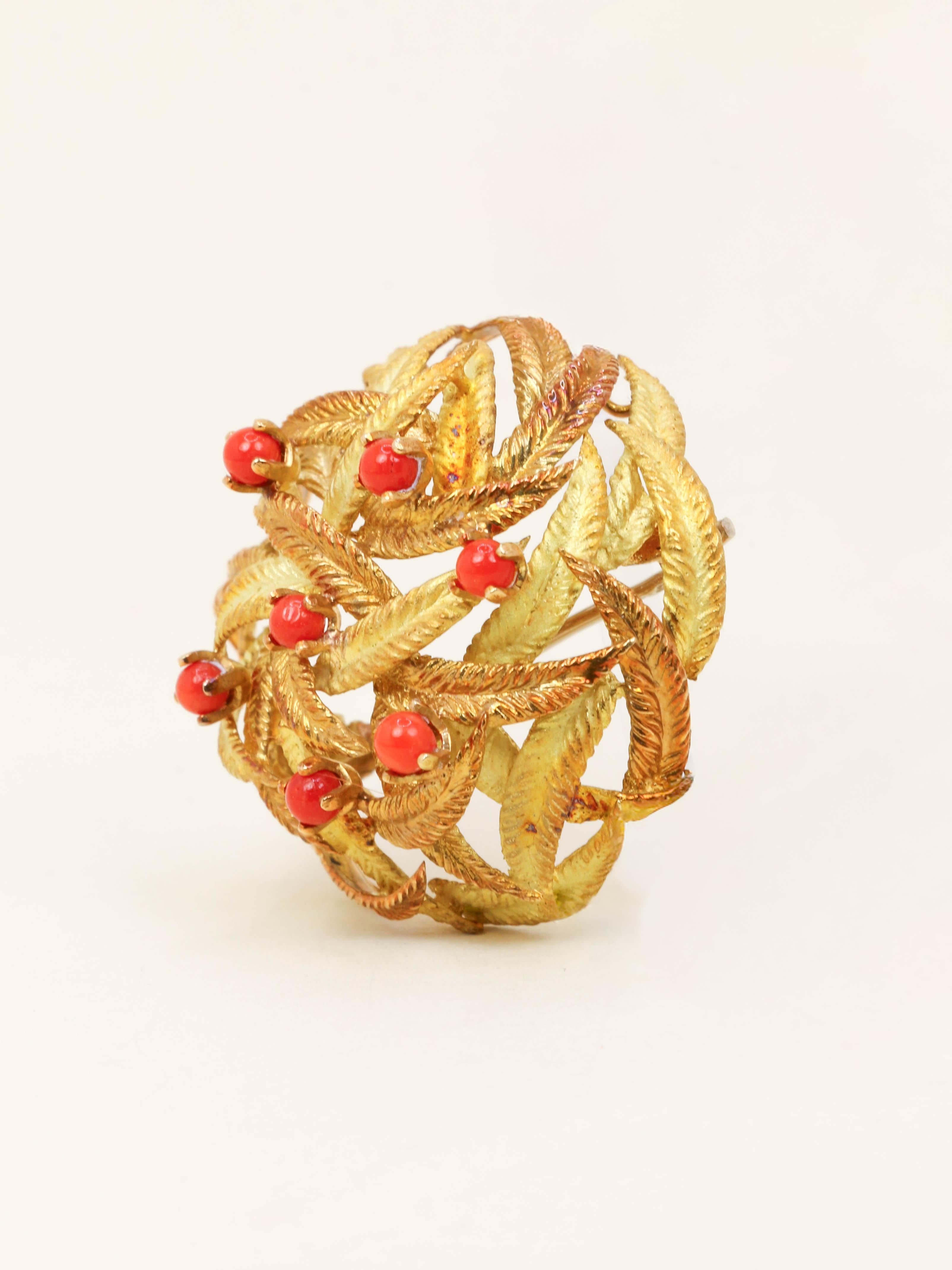 Broche feuillle or jaune corail