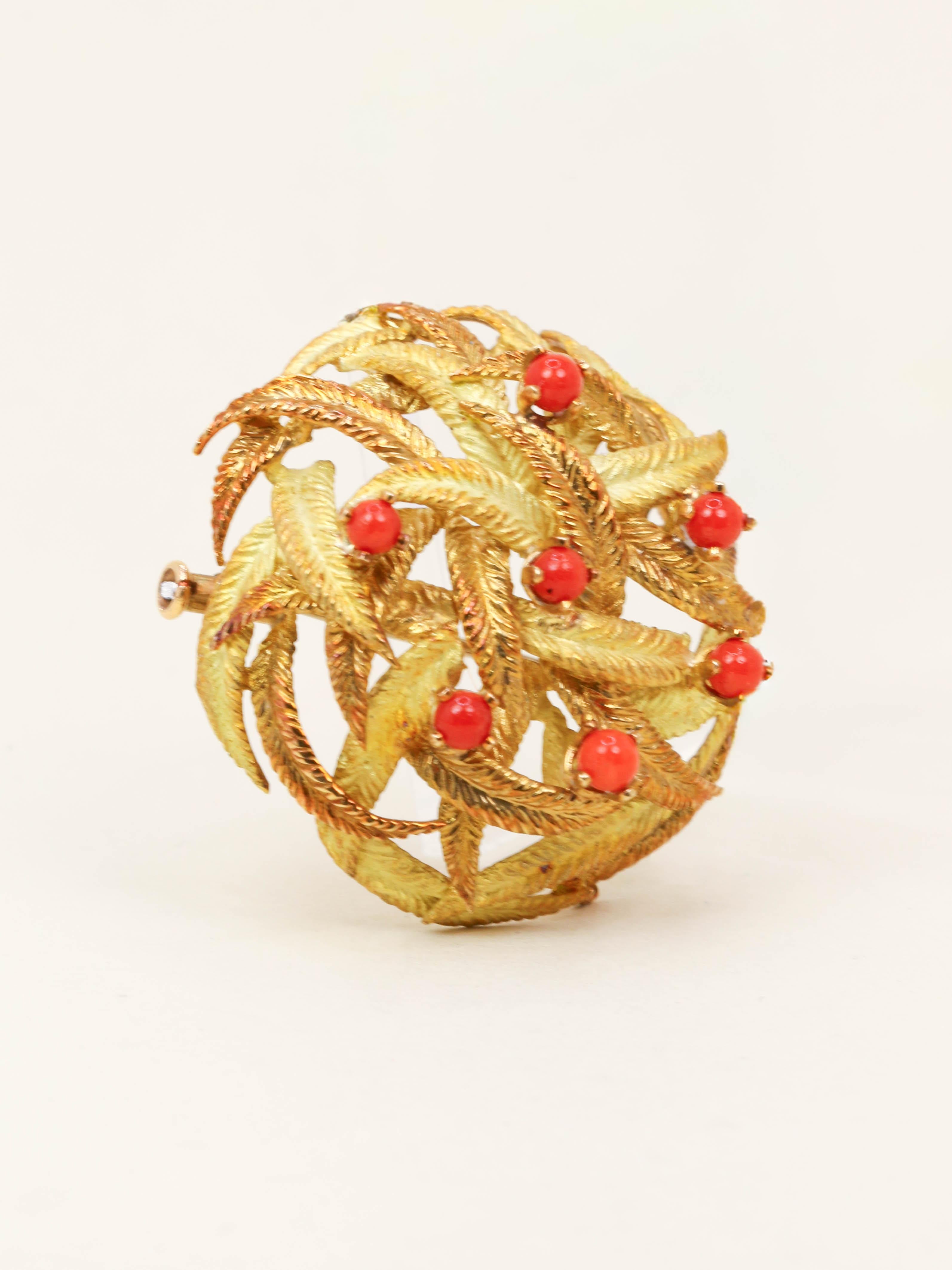 Broche feuillle or jaune corail