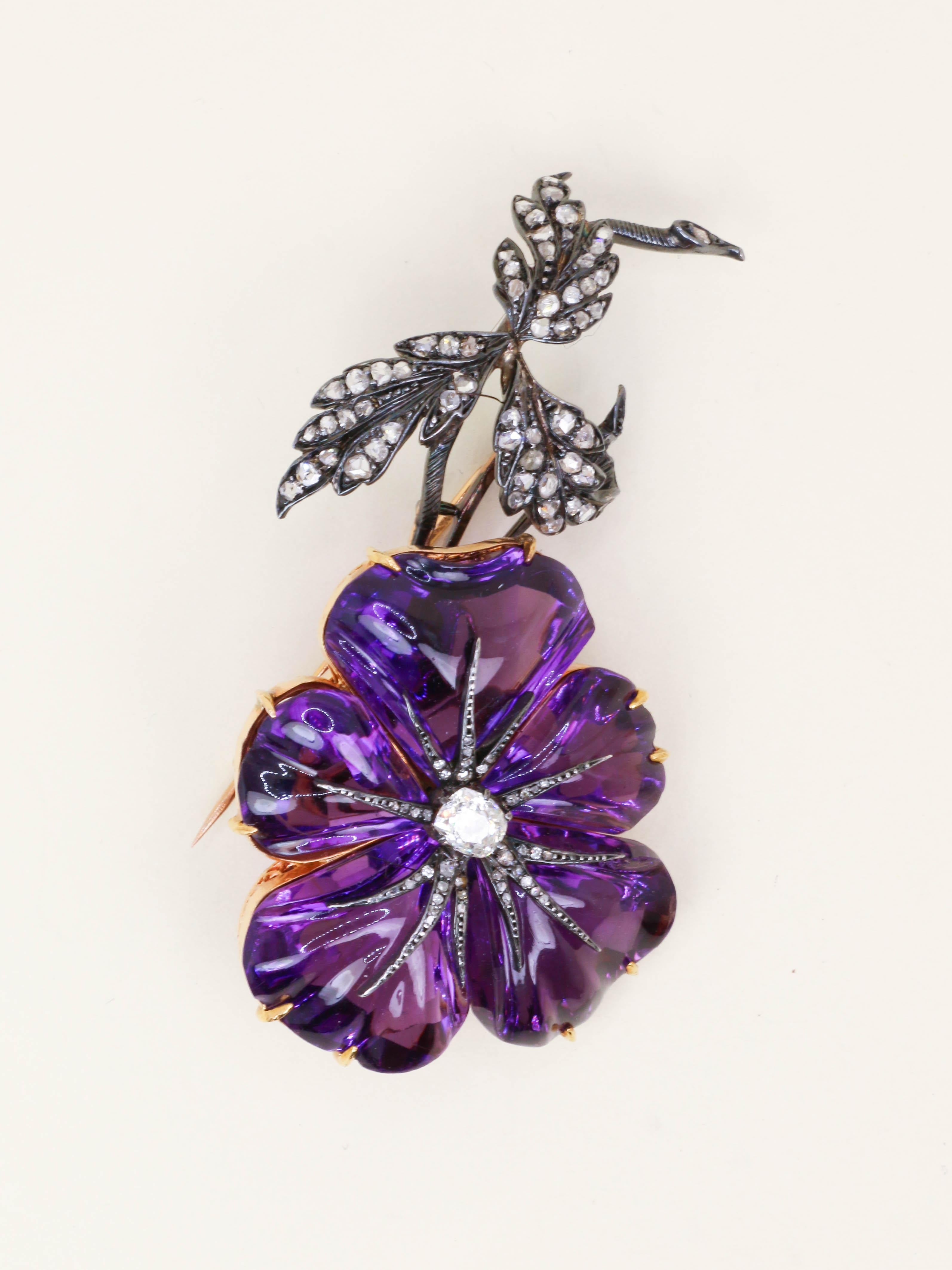 Broche trembleuse or argent améthyste diamants taille rose