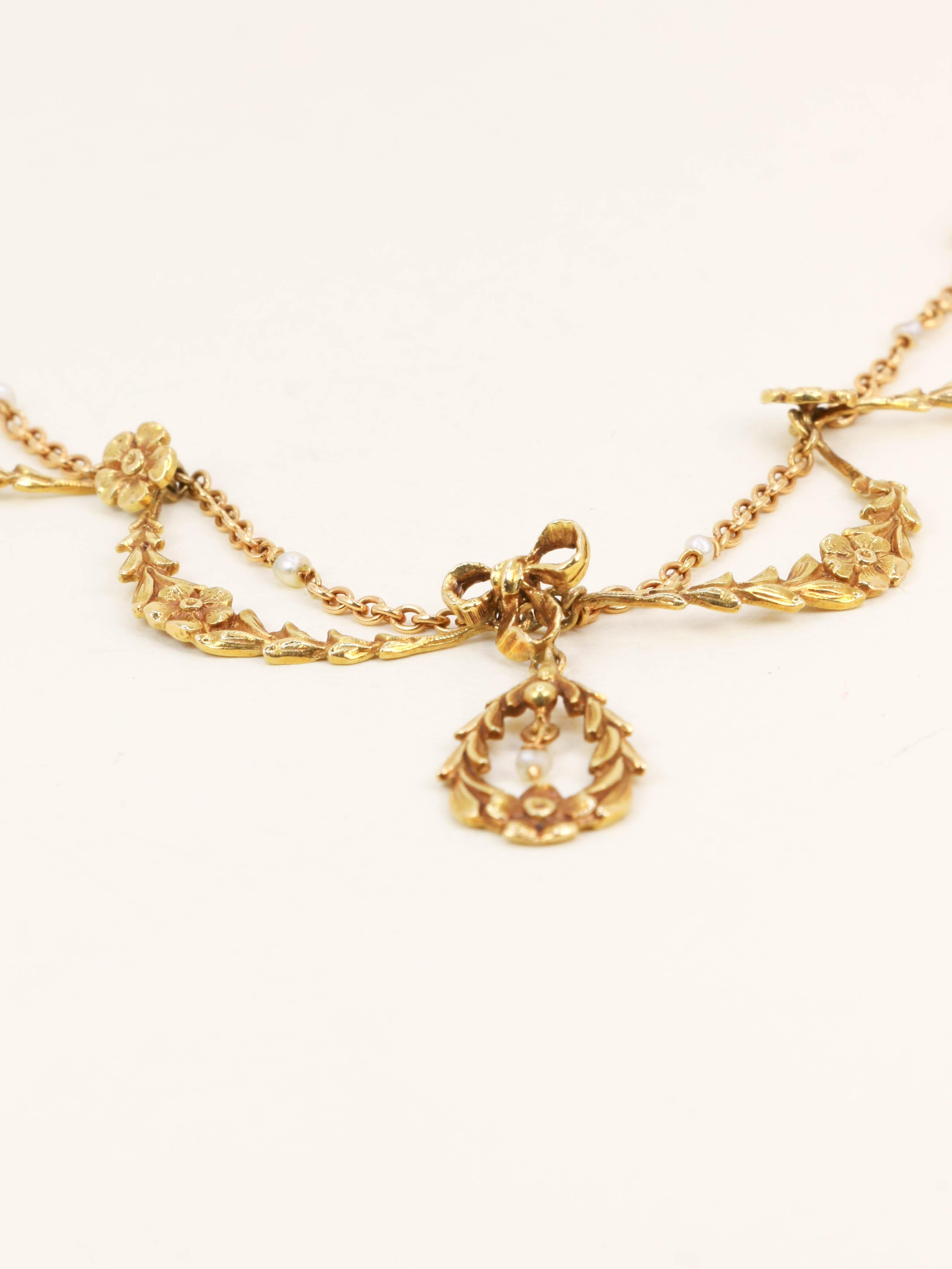 Collier draperie Art Nouveau or jaune perles