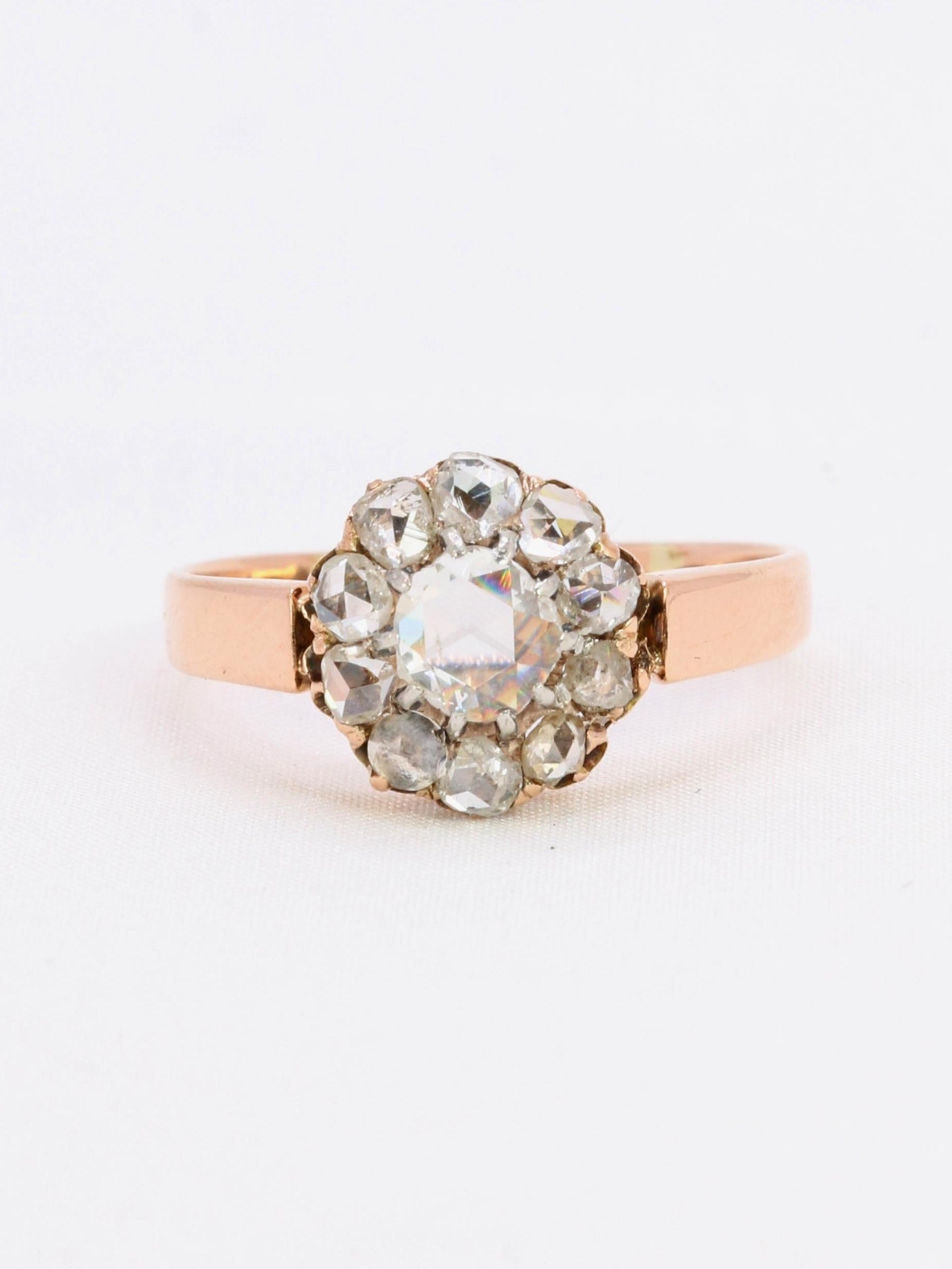 Bague marguerite or rose diamants taille rose 0.7 carat