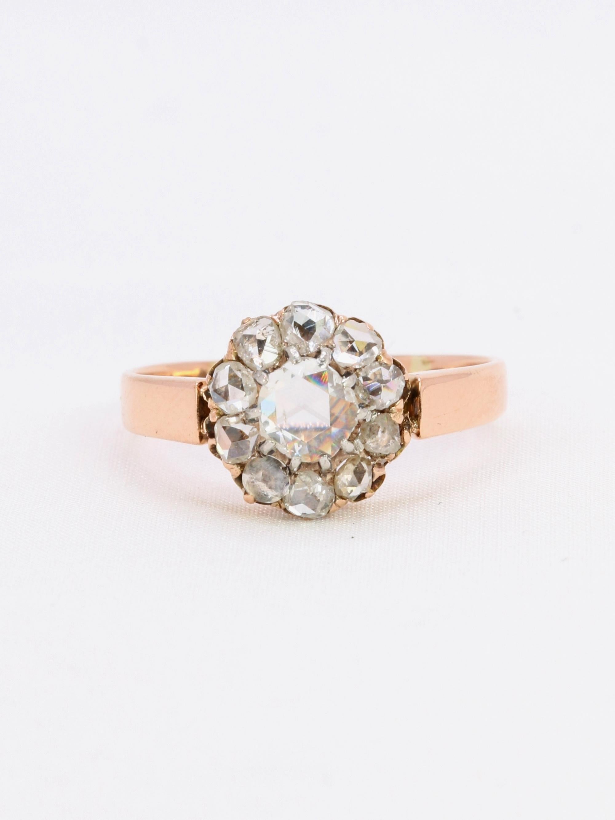 Bague marguerite or rose diamants taille rose 0.7 carat