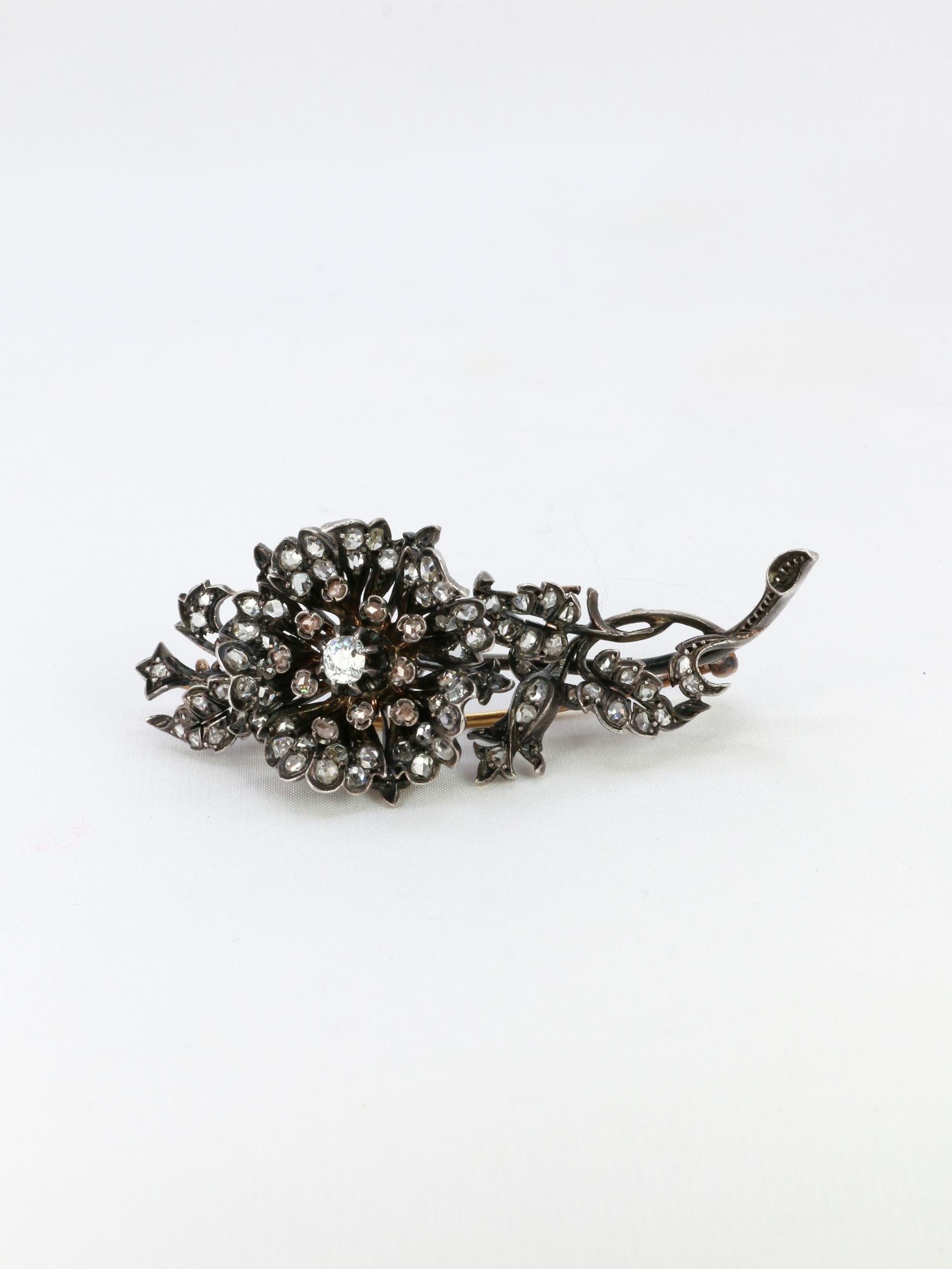 Broche trembleuse or argent diamants taille ancienne