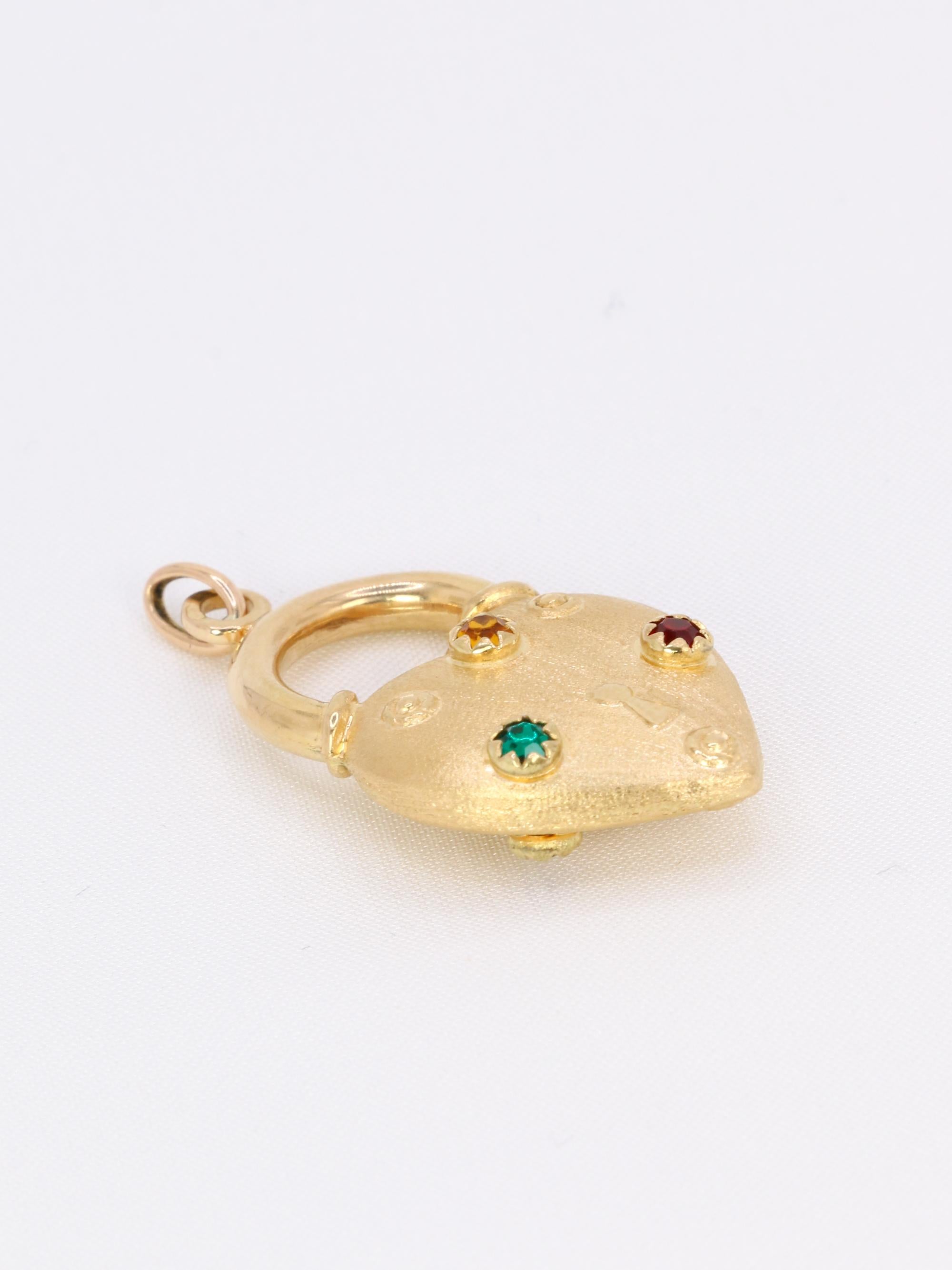 Pendentif Charms vintage cadenas coeur or jaune pierres de couleur