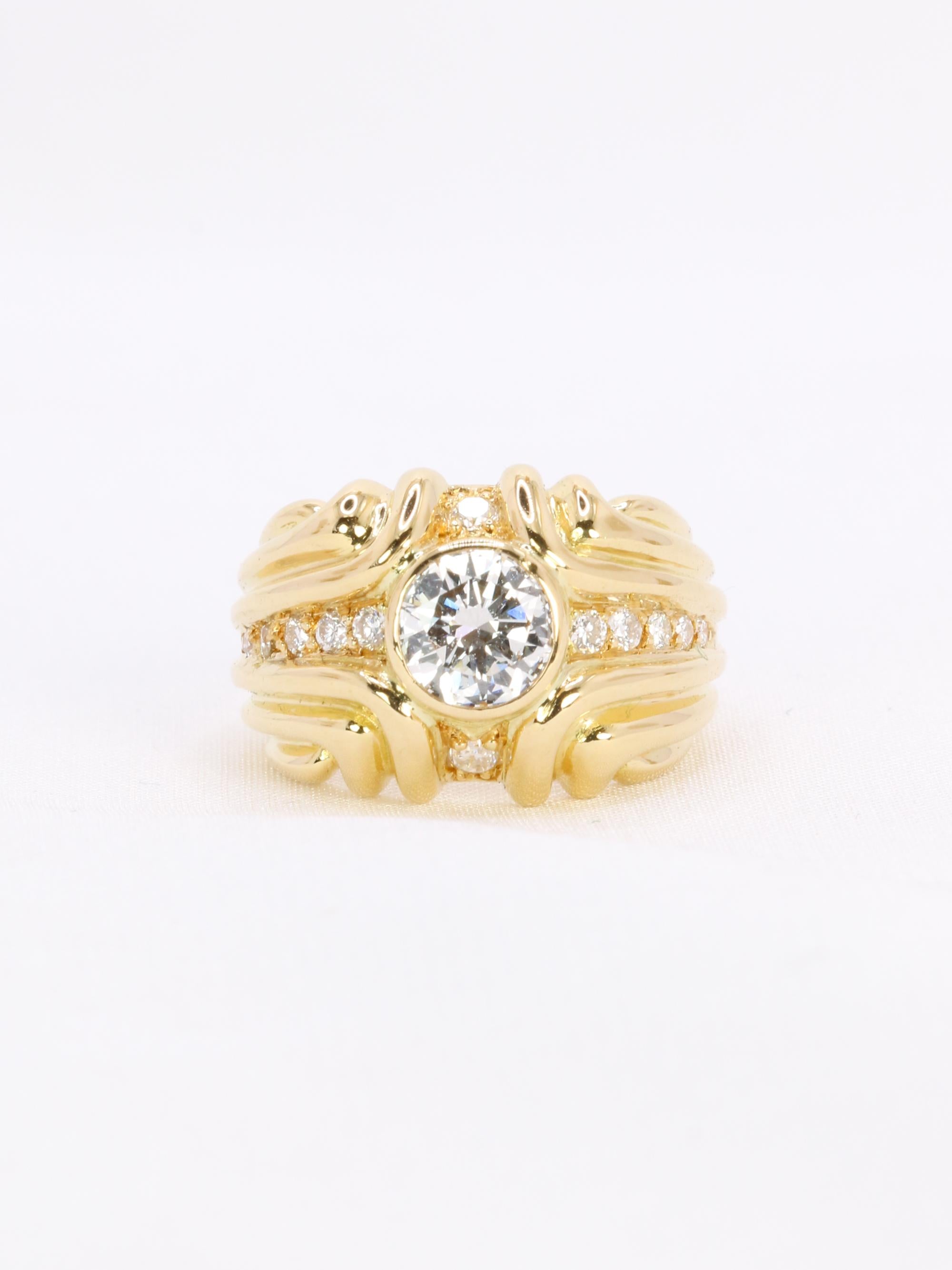 Bague vintage godrons or jaune diamant 0.8 ct