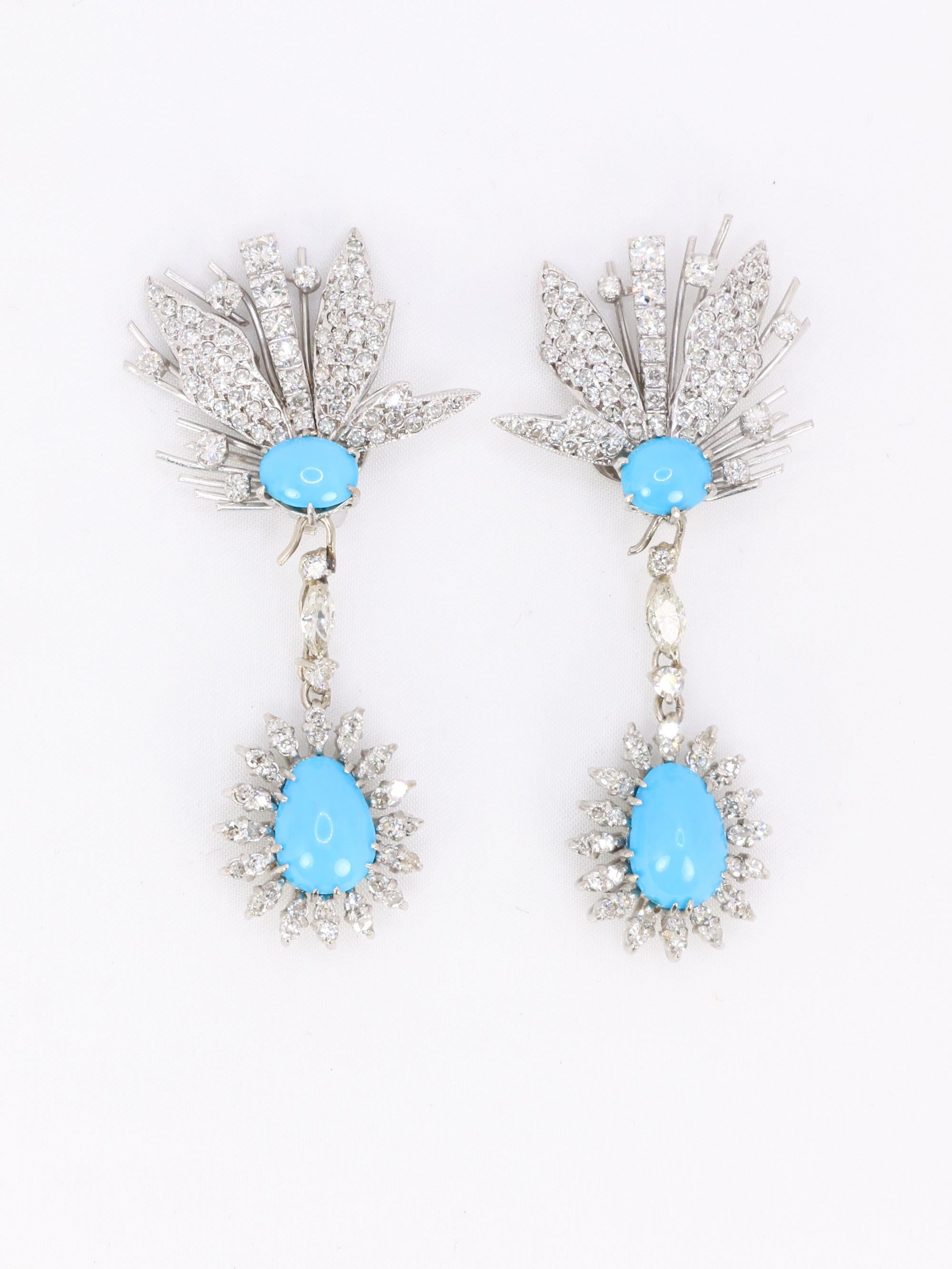 Boucles d'oreilles pendantes turquoises diamants