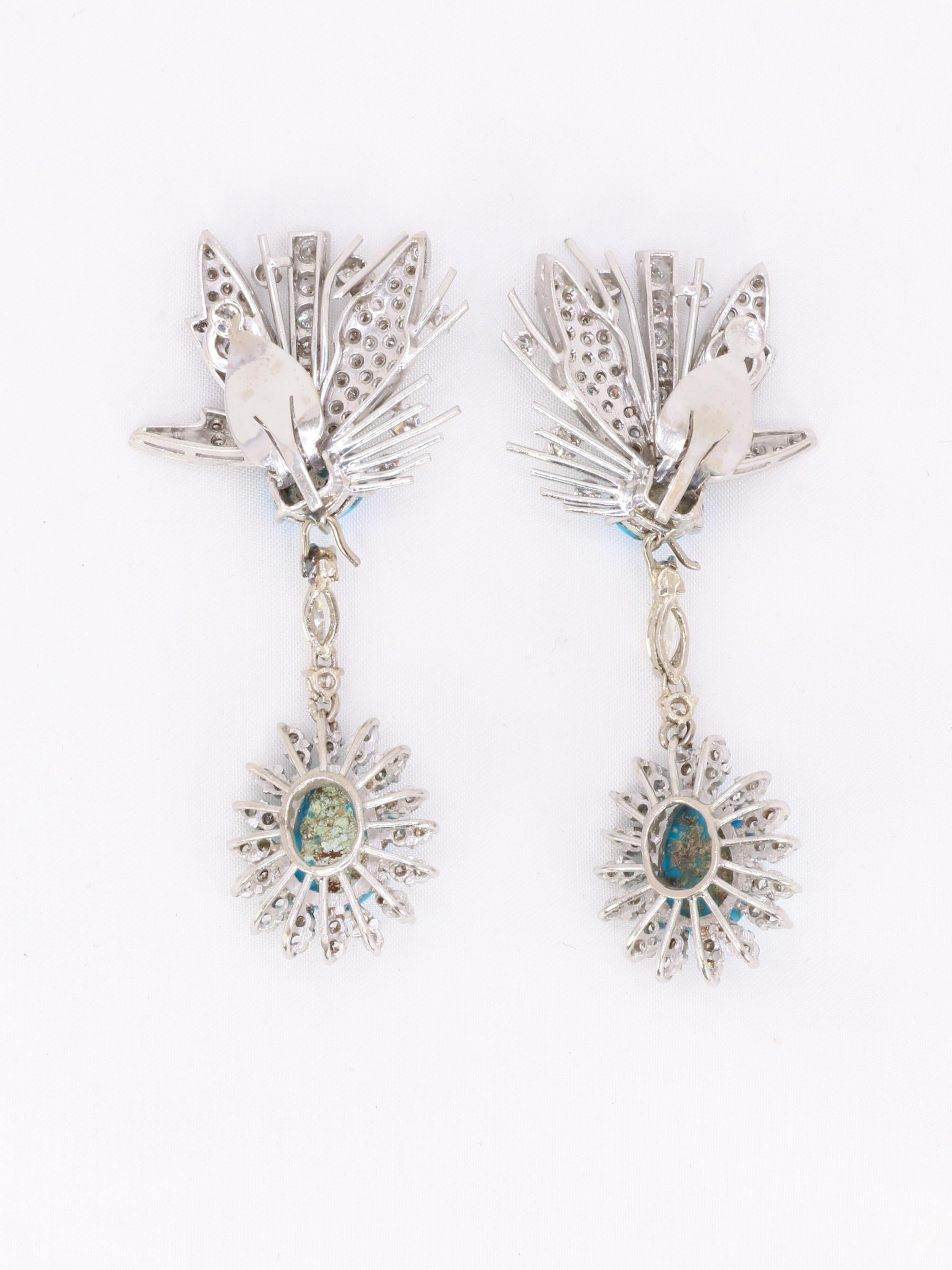 Boucles d'oreilles pendantes turquoises diamants