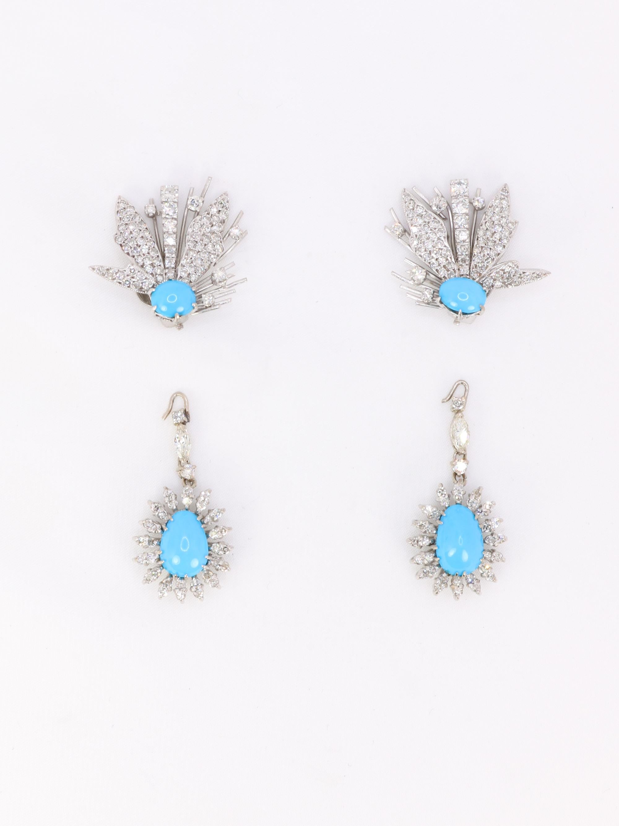Boucles d'oreilles pendantes turquoises diamants