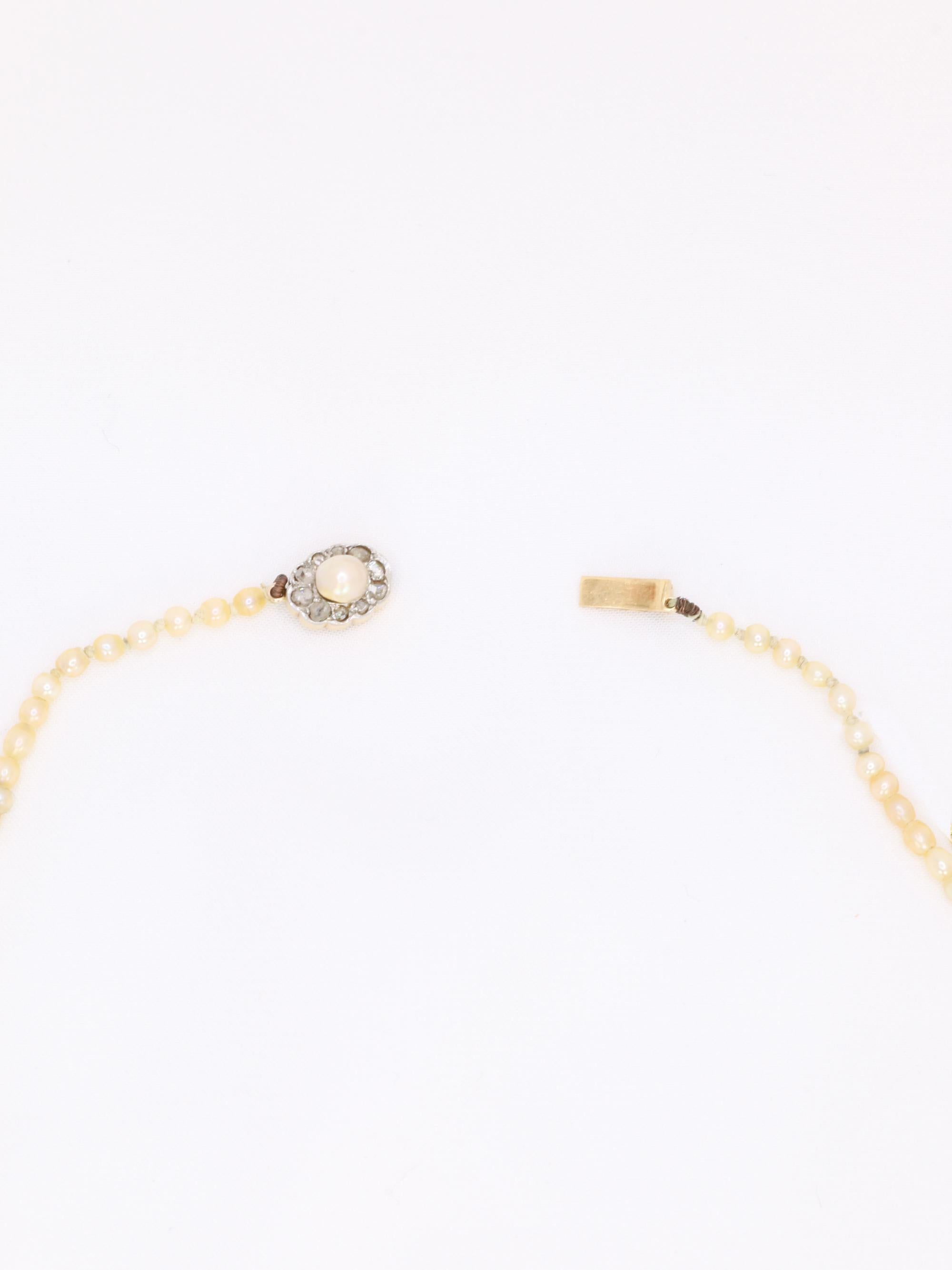 Collier de perles fines fermoir or jaune diamants taille rose