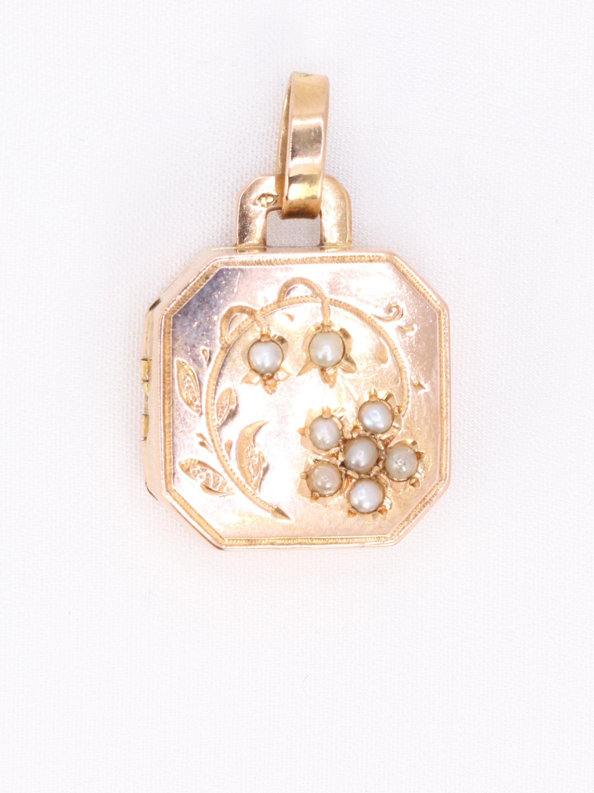 Pendentif Art Nouveau porte photo or rose perles fines