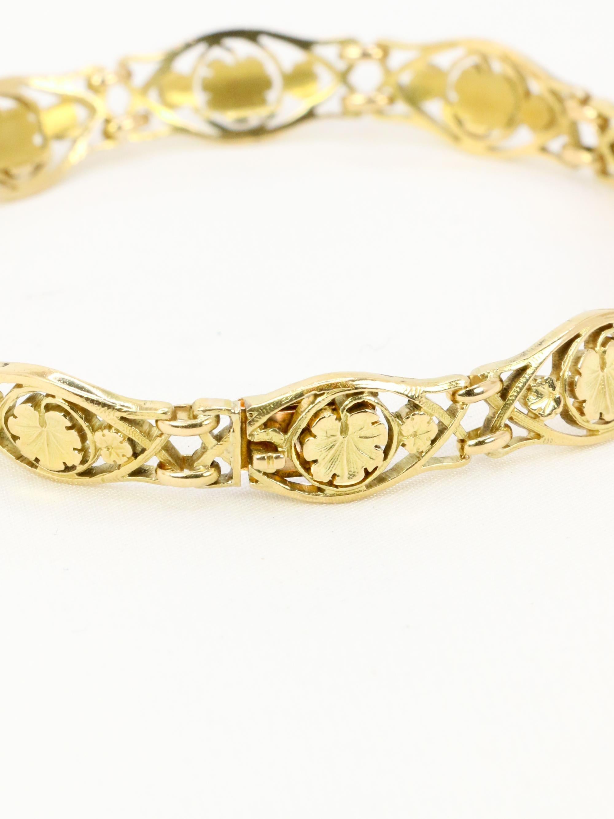 Bracelet Art Nouveau or jaune maille feuille de lierre