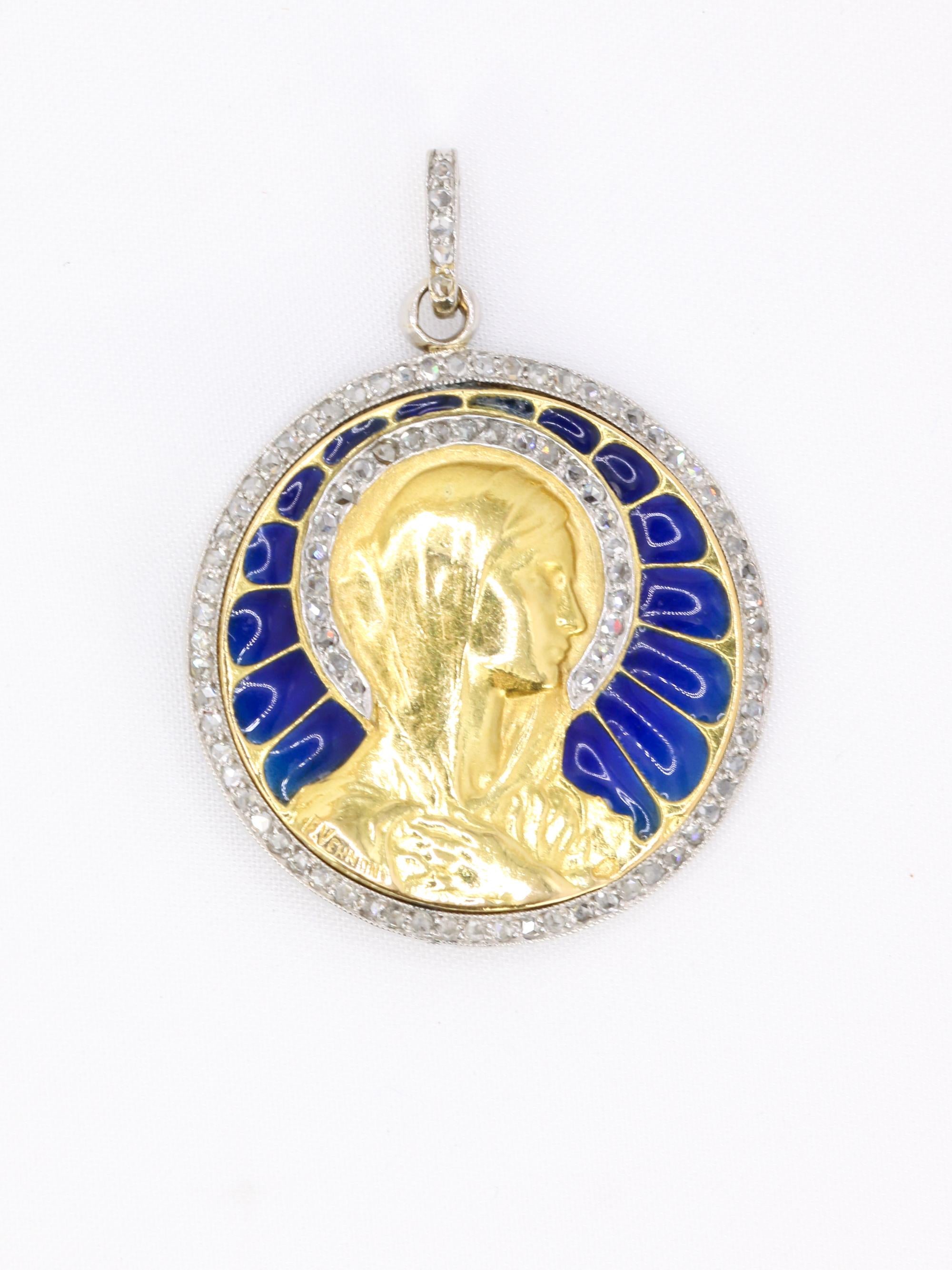 VERNON Médaille Art Nouveau émail plique-à-jour or jaune diamants
