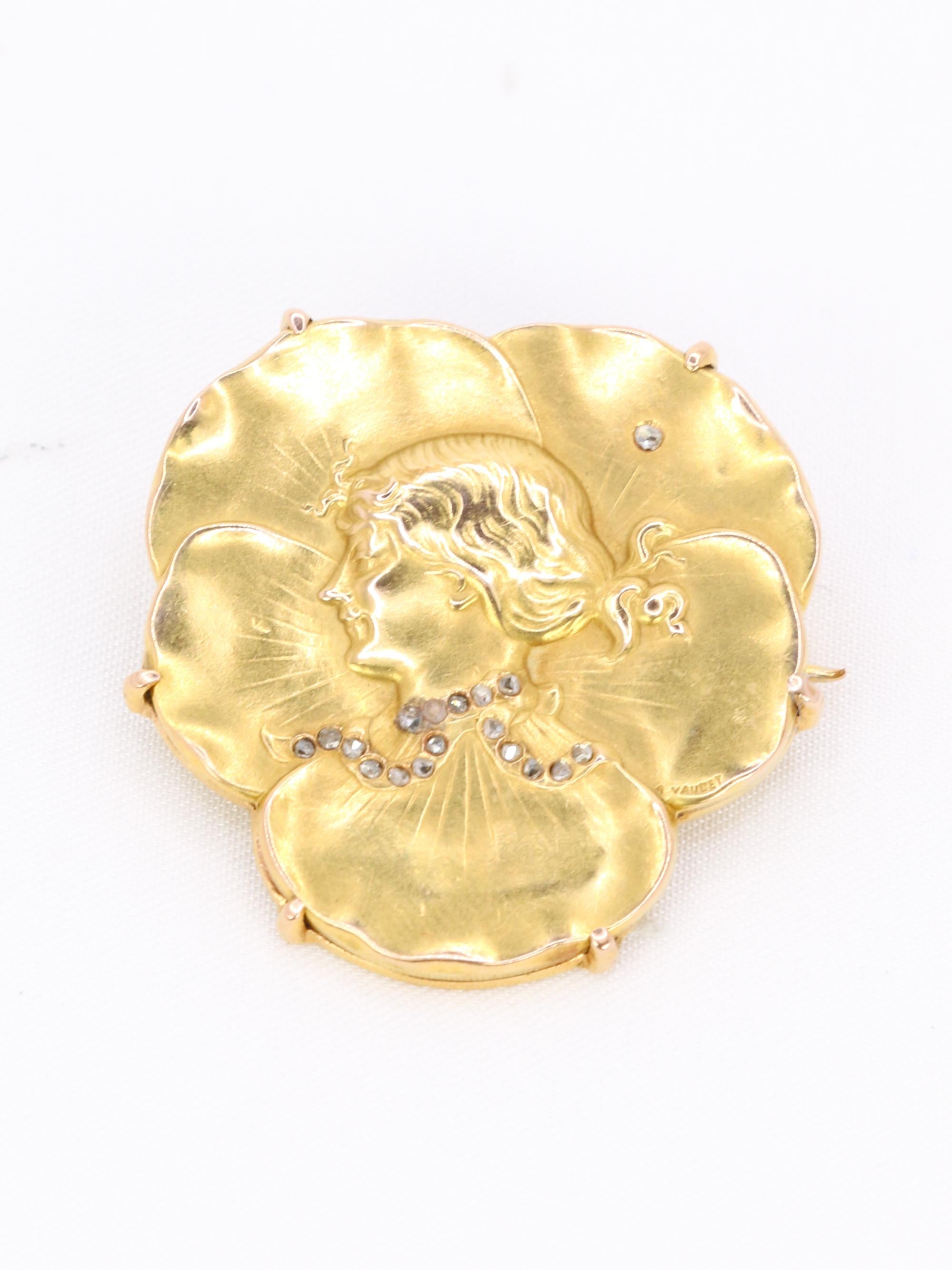 Auguste VAUDET - Broche Art Nouveau femme or jaune diamants