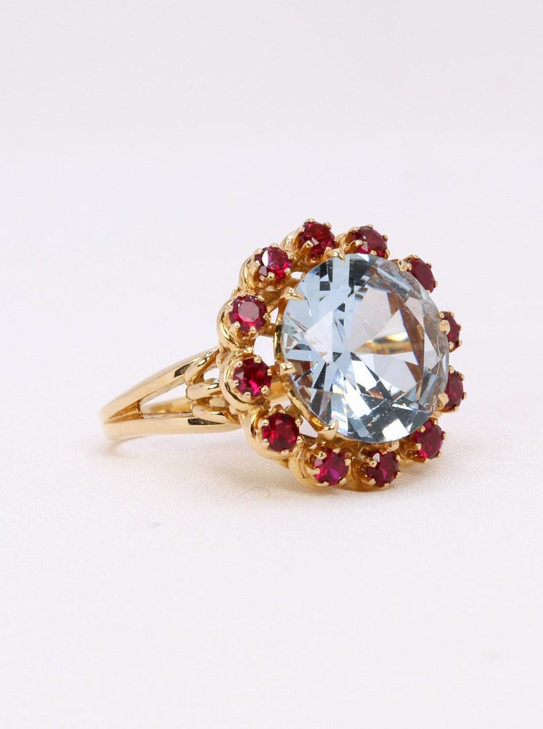 Bague cocktail or jaune aigue marine rubis