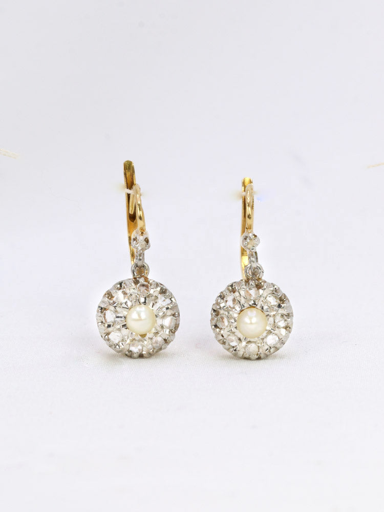 boucles d'oreilles dormeuses ancienne or platine perle diamants