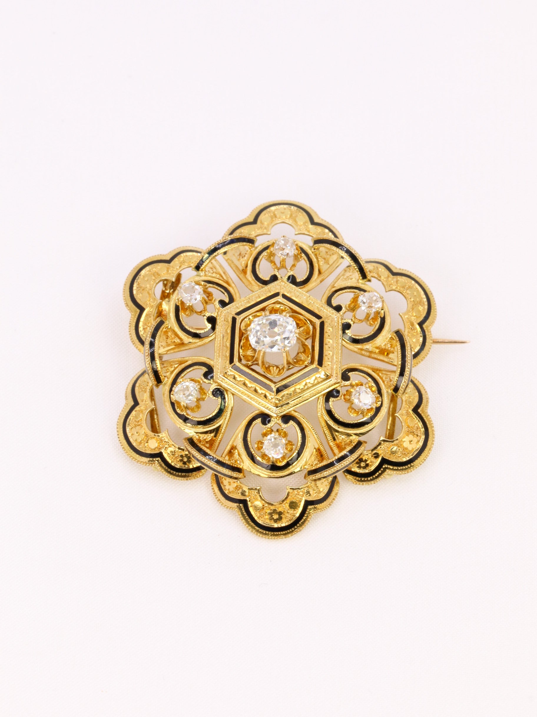 Broche pendentif ancienne or jaune diamant taille ancienne émail